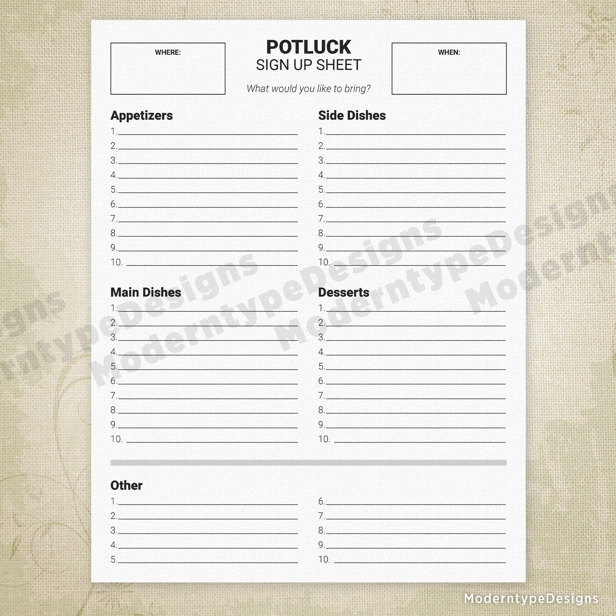potluck sign up sheet