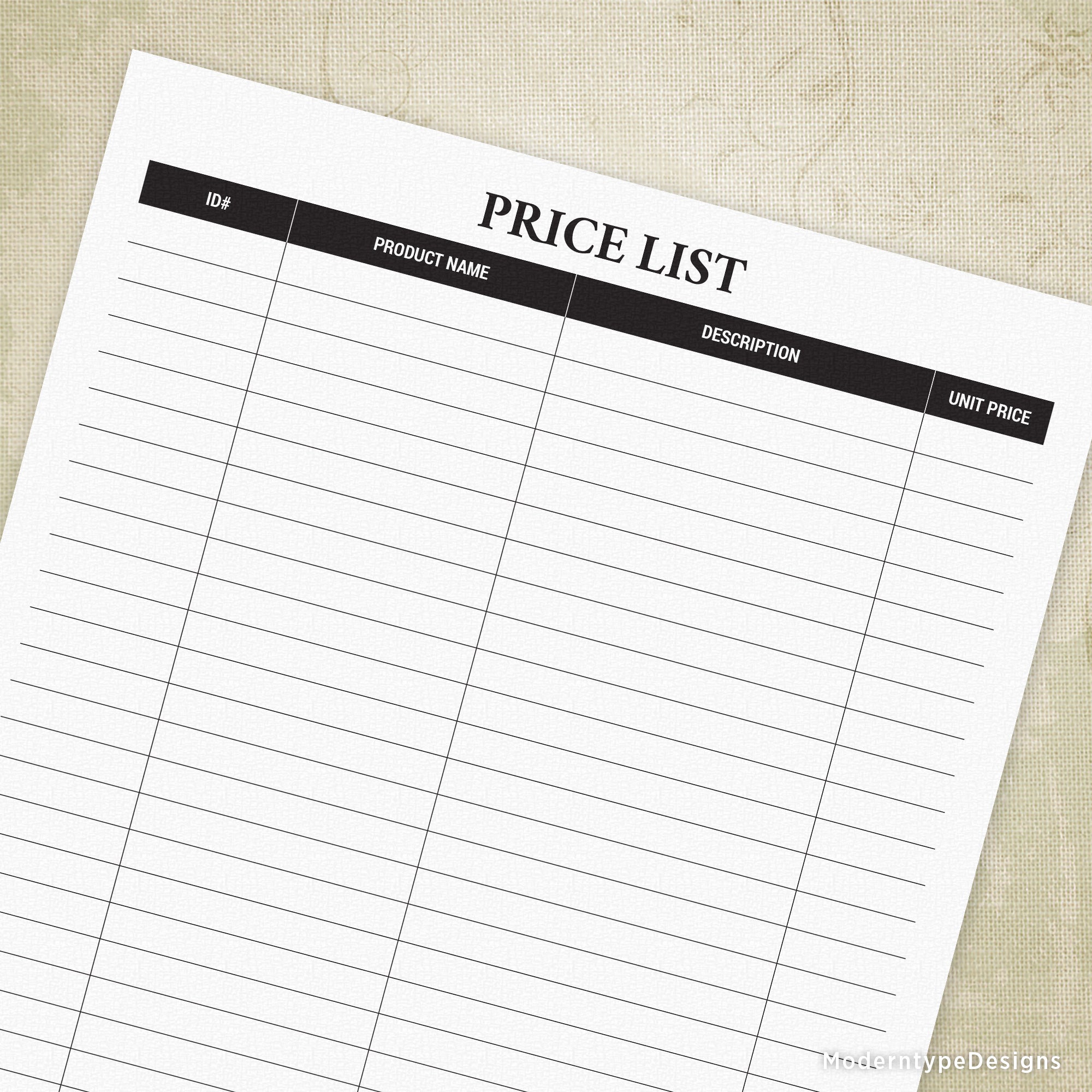 Price List Printable Form