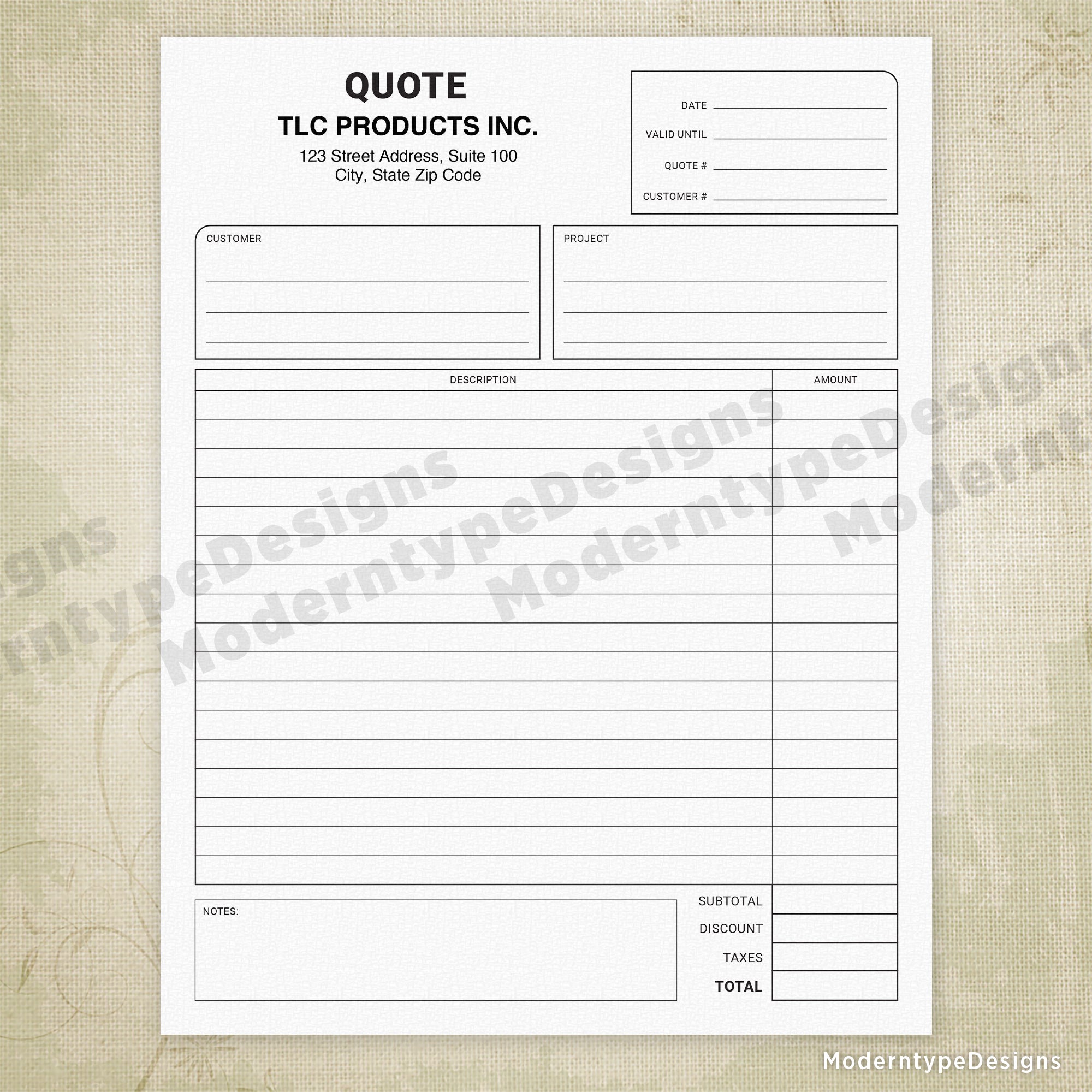 Price Quote Printable Form with Lines, Personalized
