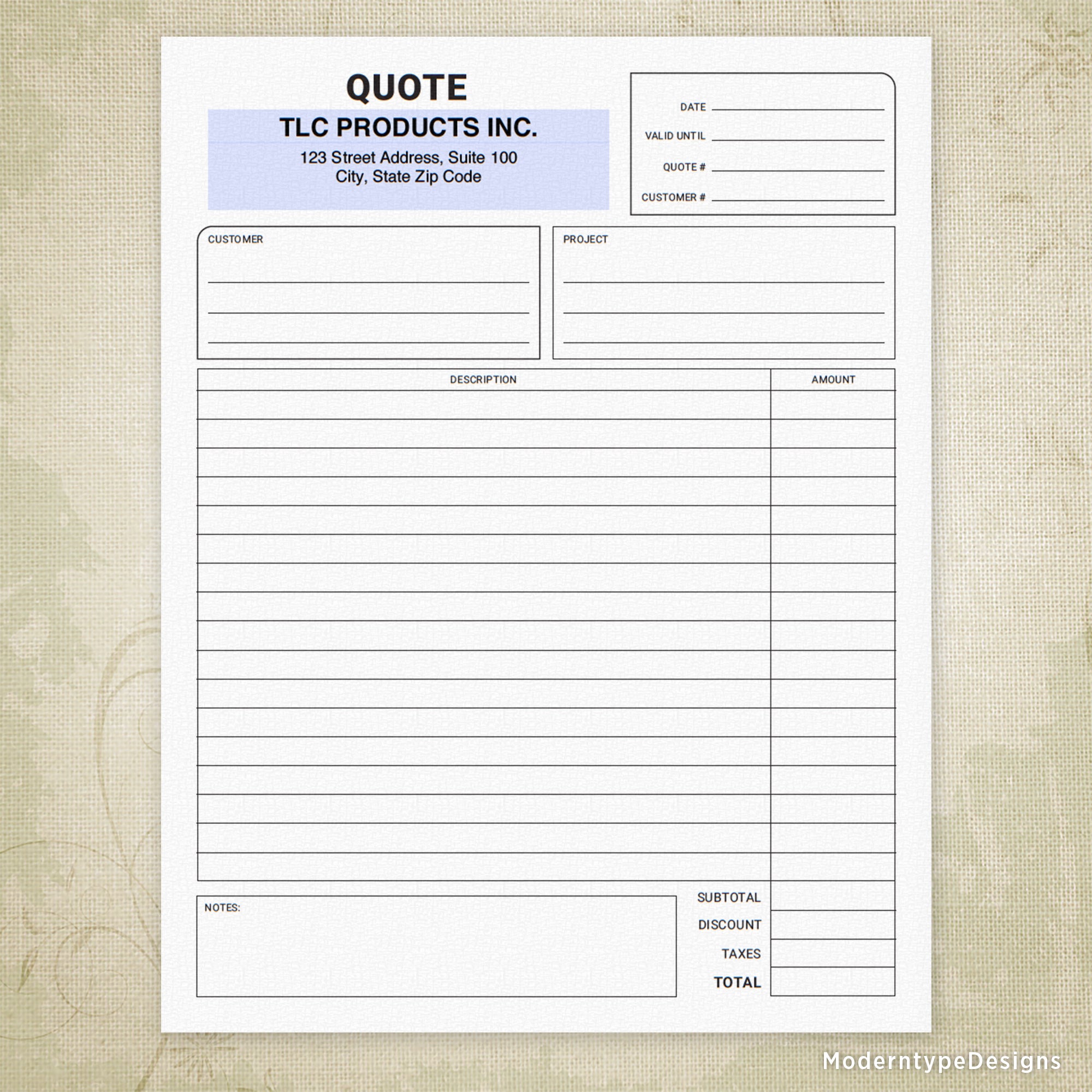 Price Quote Printable Form with Lines, Personalized