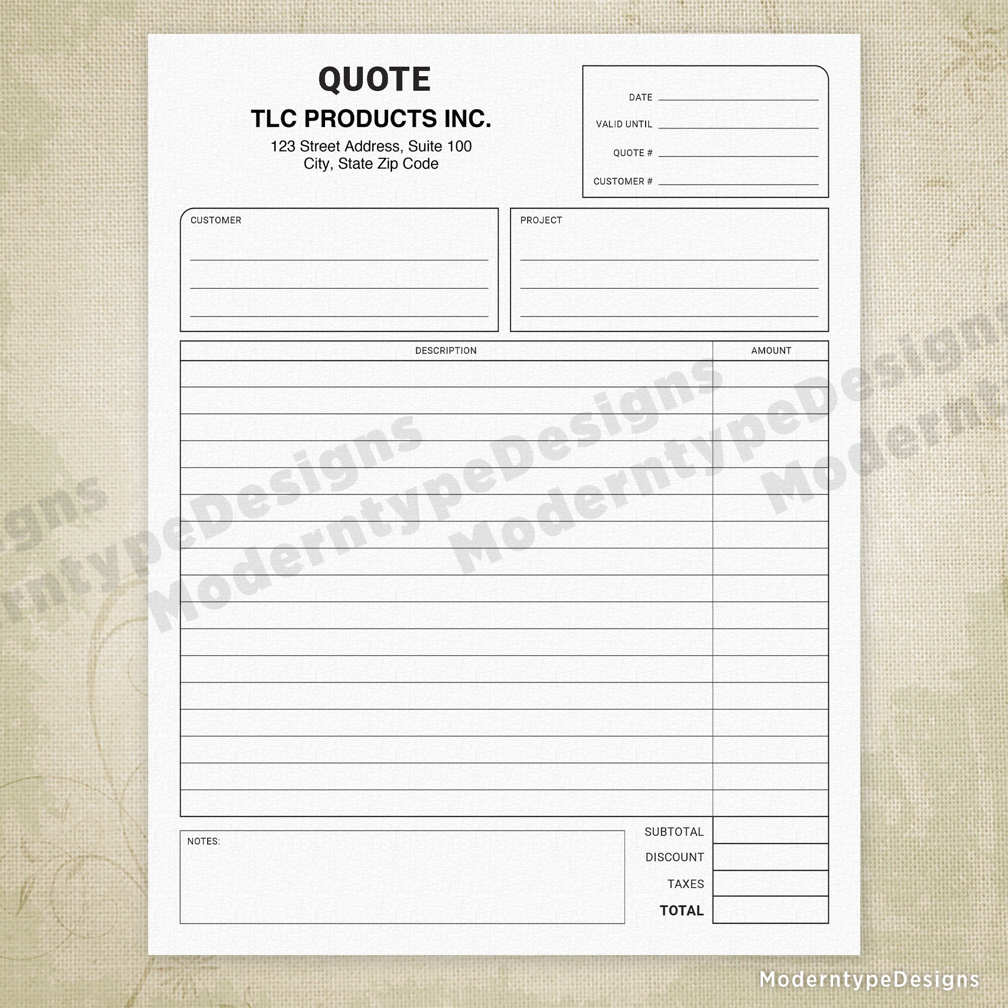 Price Quote Printable Form with Lines, Editable, #2
