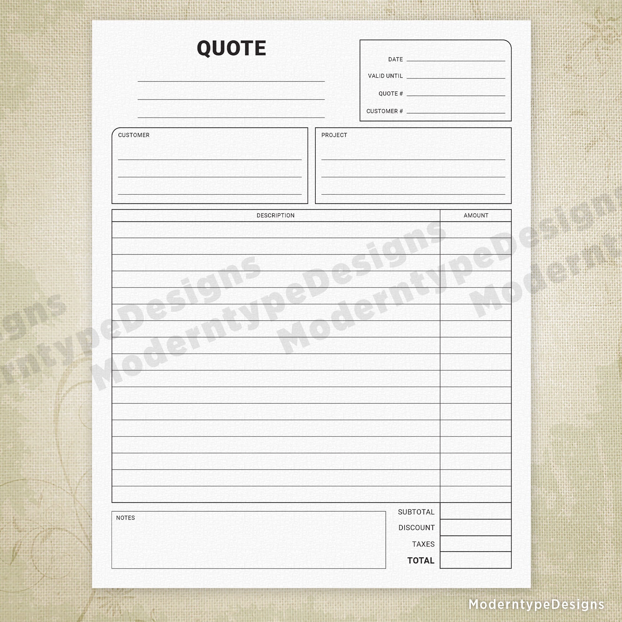 Price Quote Printable Form with Lines, #3