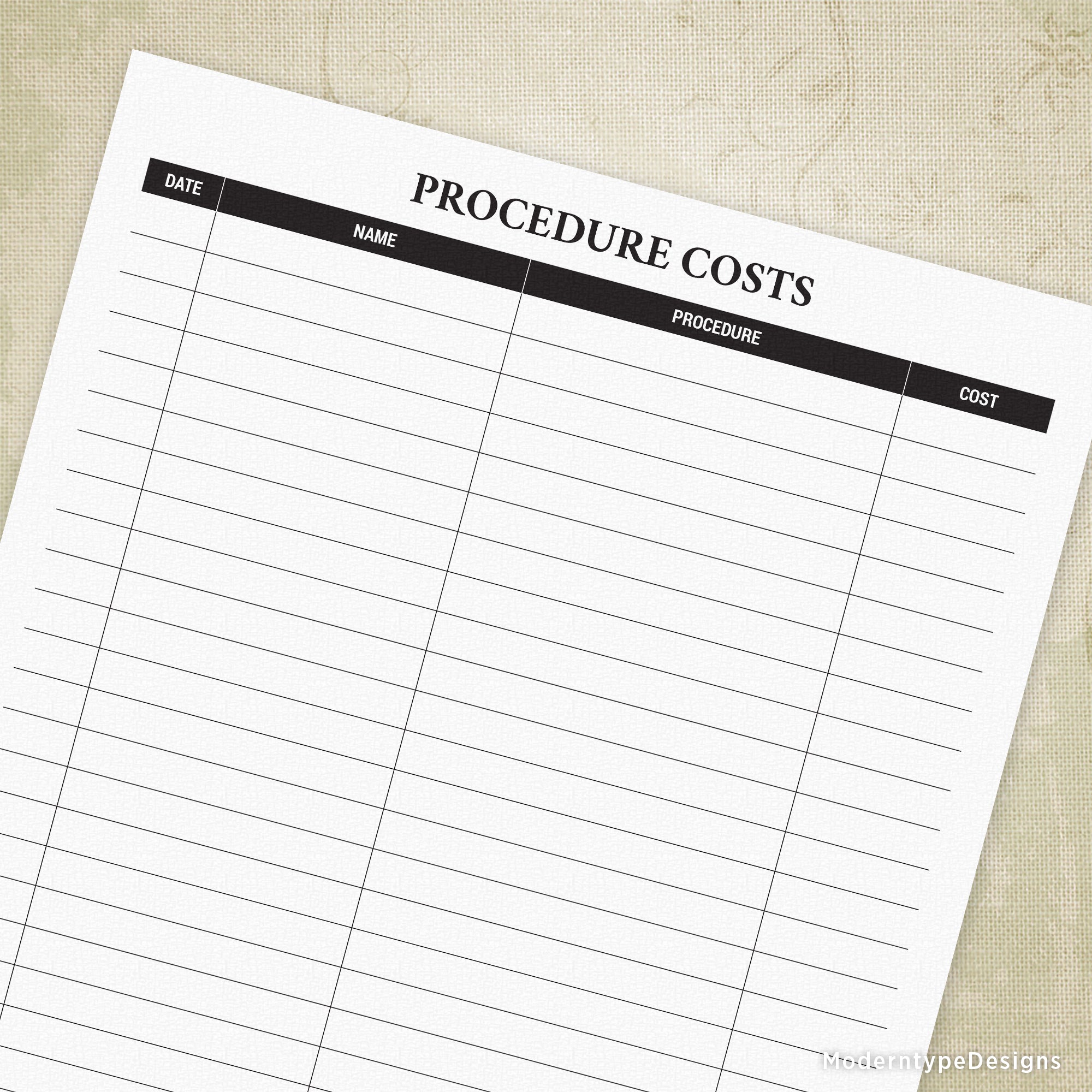 Procedure Costs Printable