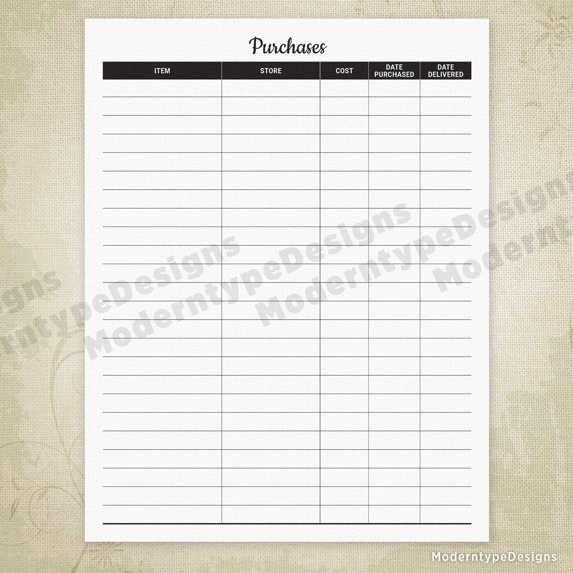 Purchases Tracker Printable