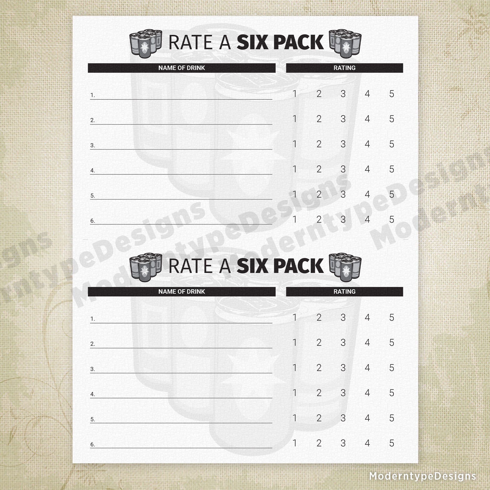 Rate a Six Pack Printable, 6 Different Beers, 8.5 x 5.5"