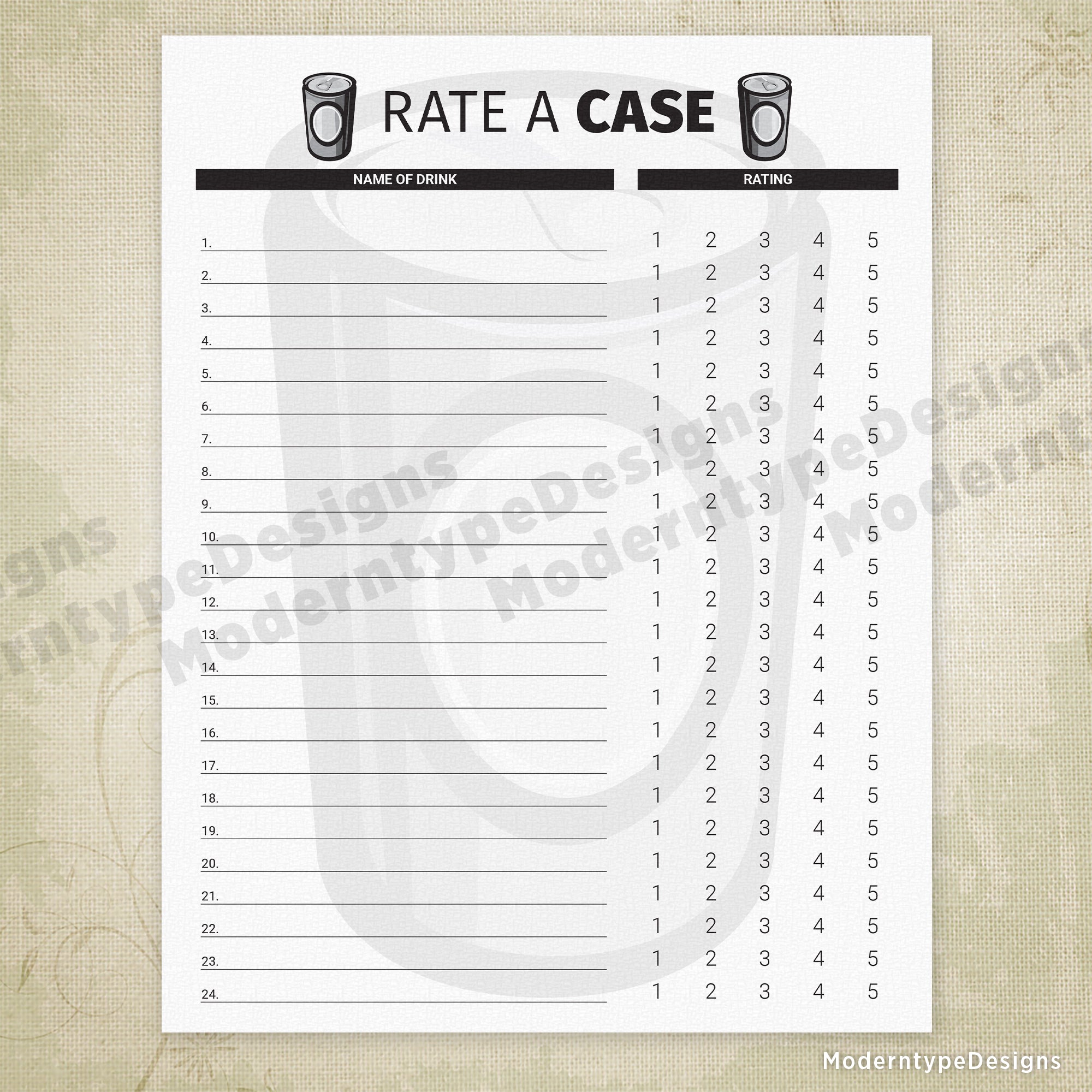 Rate a Case Printable, 24 Different Beers