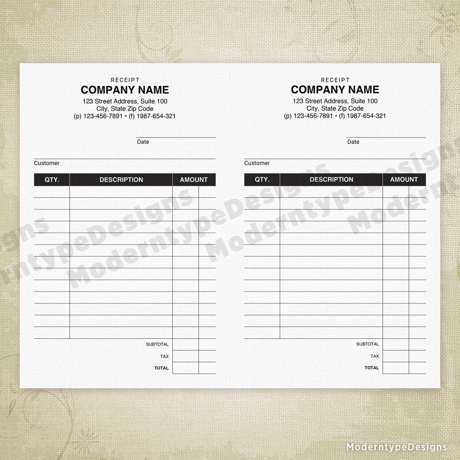 Receipt Printable, 5.5 x 8.5, Half Sheet, Personalized
