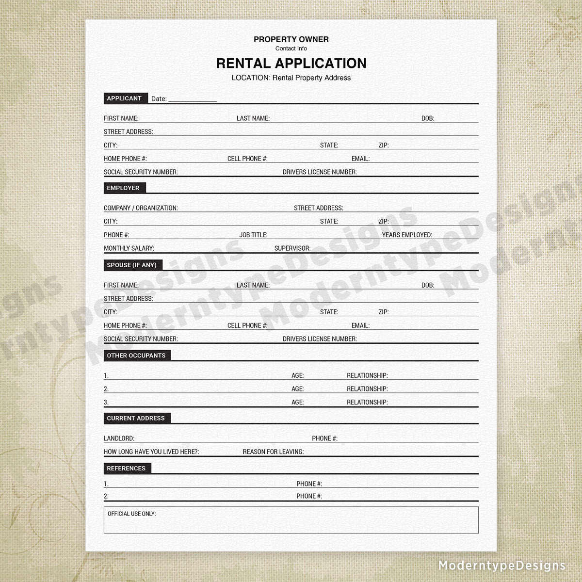 Rental Property Application Printable Personalized