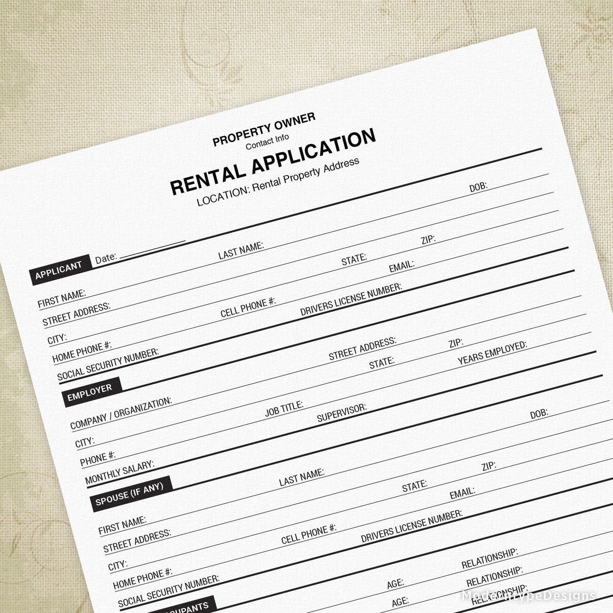 Rental Property Application Printable Personalized