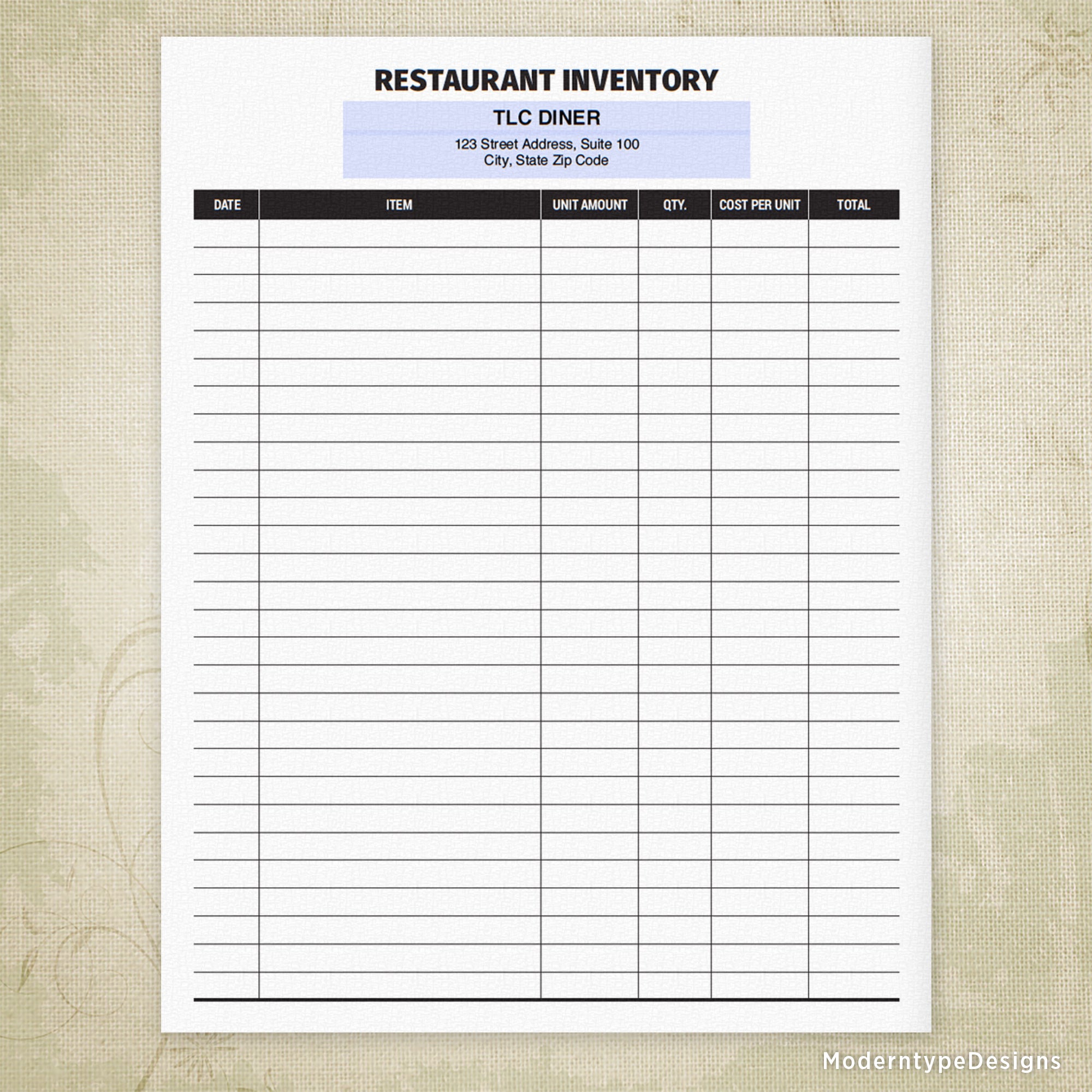 Restaurant Inventory Printable, Personalized