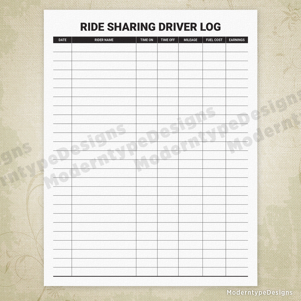 Daily Rider List Ride Sharing Driver Log Printable