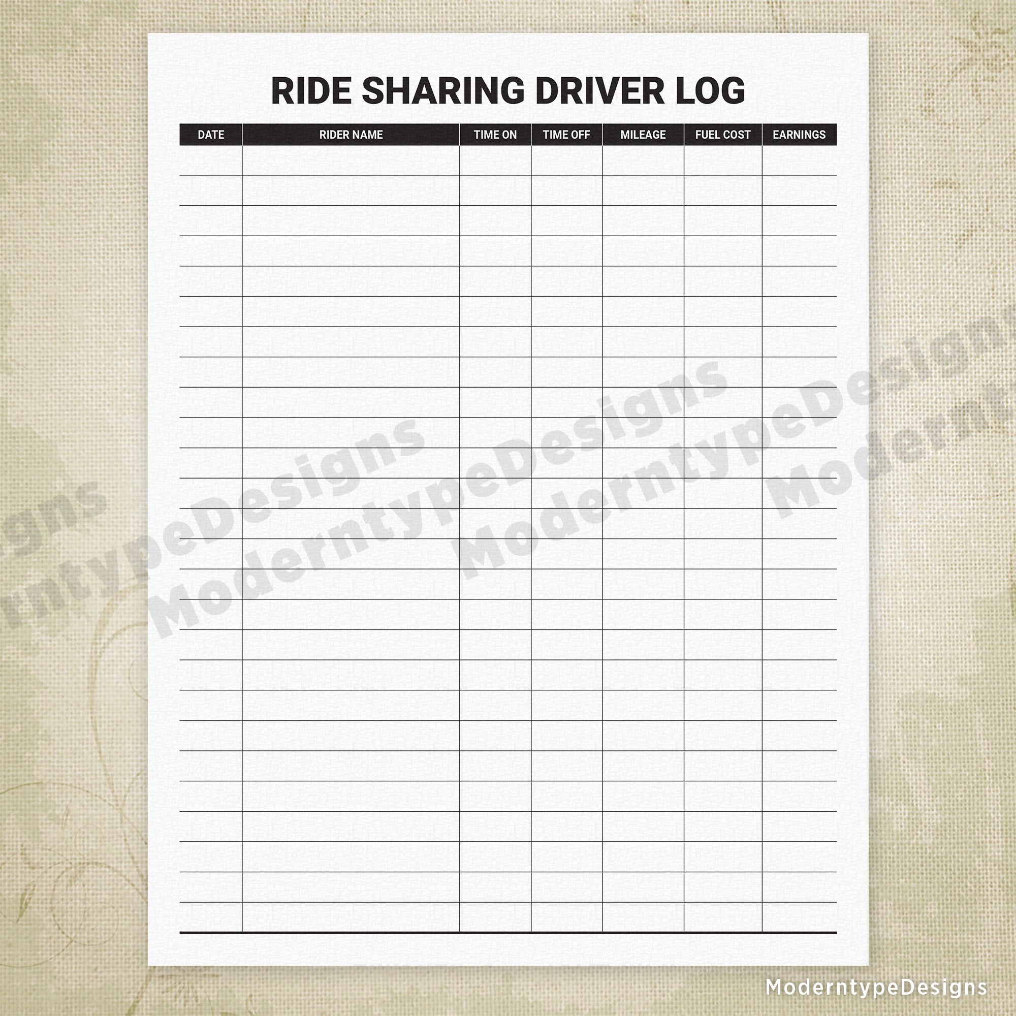 Ride Sharing Driver Log Printable