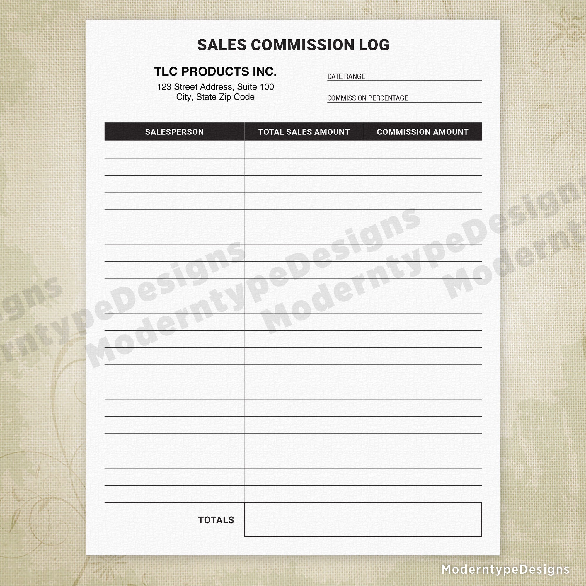 Business Sales Commission Log Printable Form, Personalized