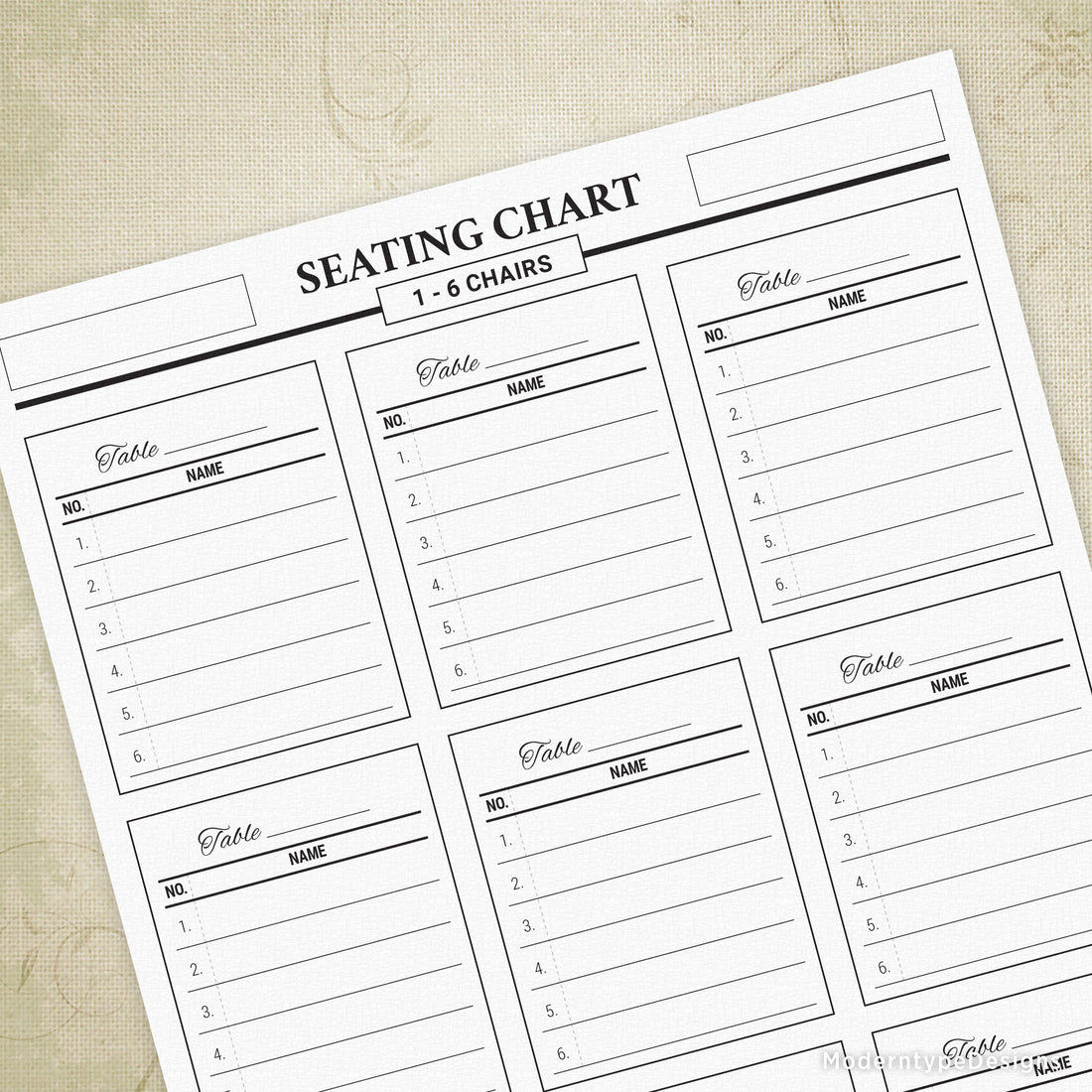 Table Seating Chart Printable, 1-6 Chairs