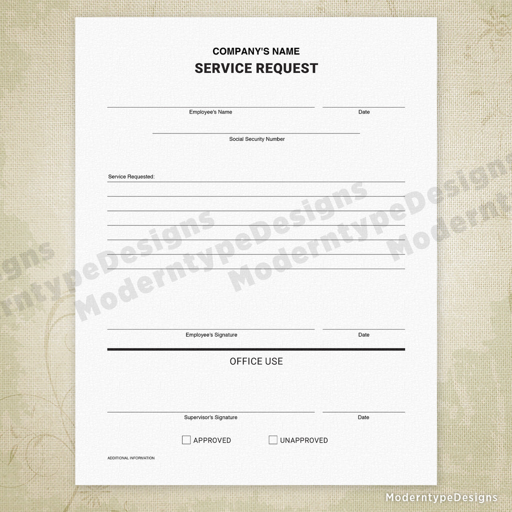 Service Request Printable Form for Business Boss, Personalized