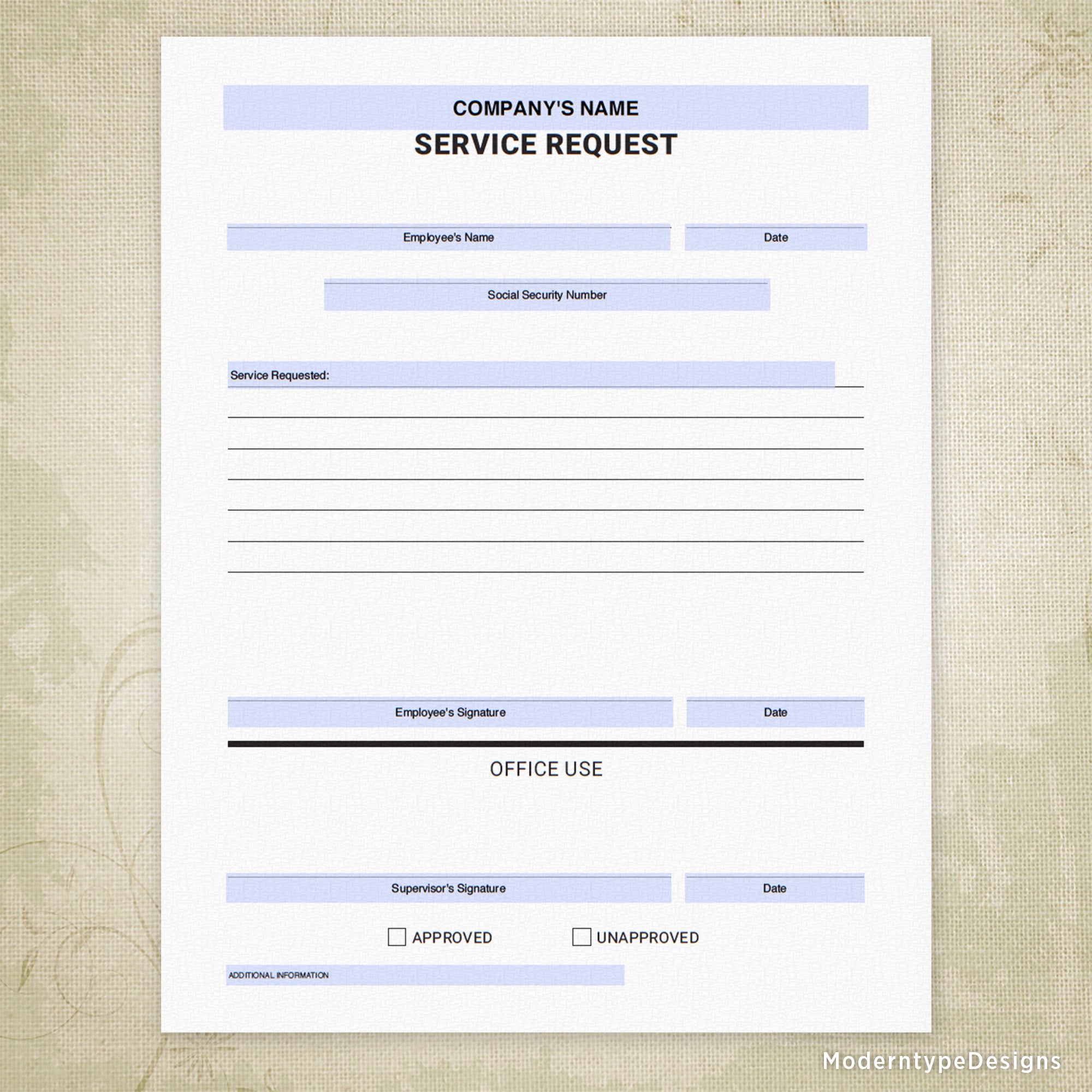 Service Request Printable Form for Business Boss, Personalized