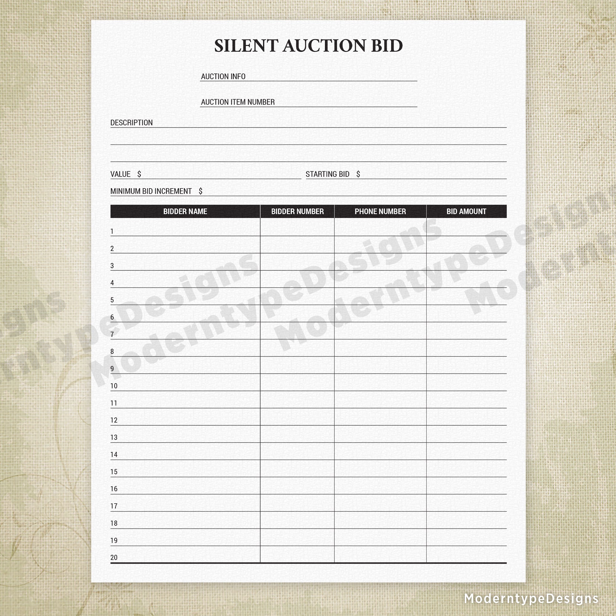 Silent Auction Bid Sheet Printable