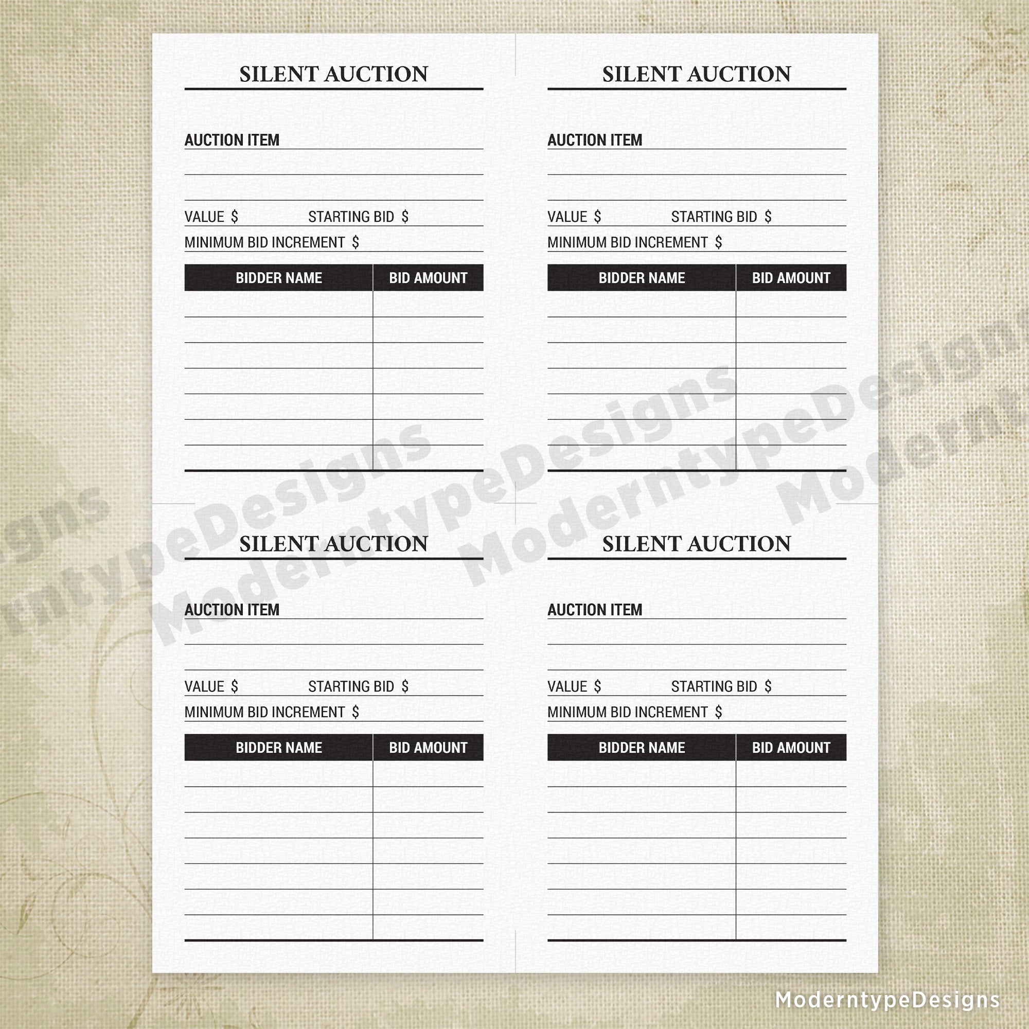 Silent Auction Bid Sheet Printable, 4.25 x 5.5"