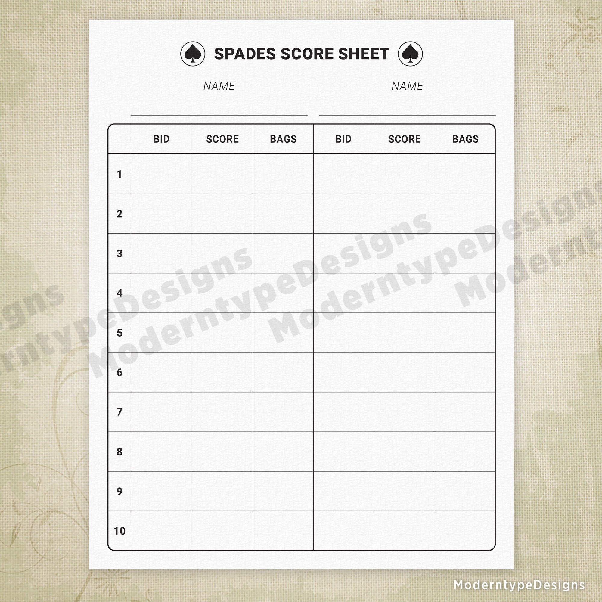 Spades Score Sheet Printable Form
