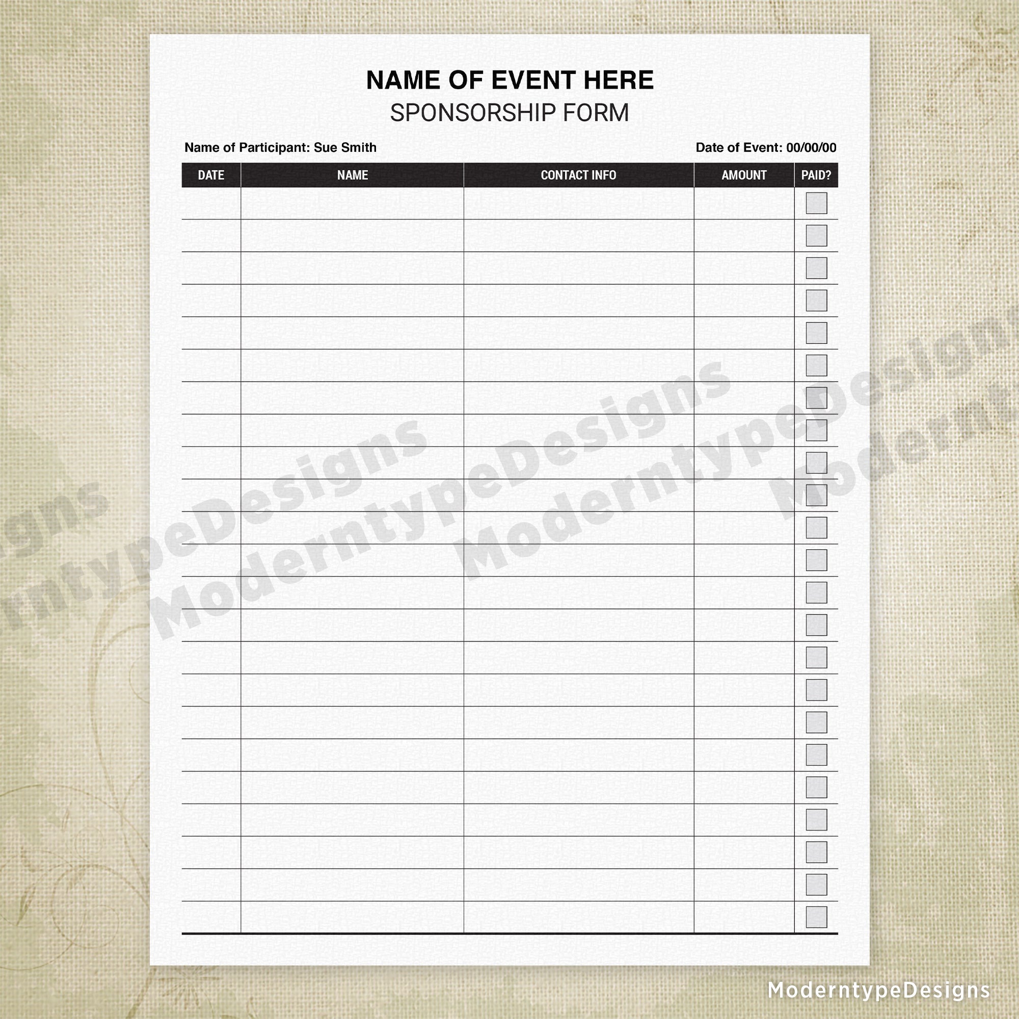 Sponsorship Sign Up Printable Form, Editable