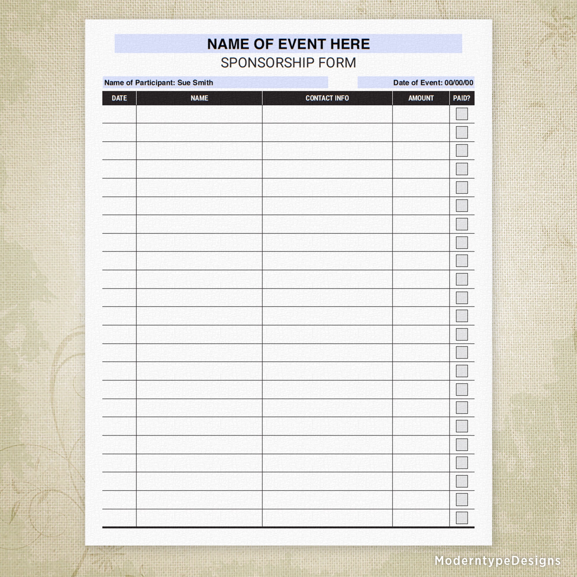 Sponsorship Sign Up Printable Form, Editable