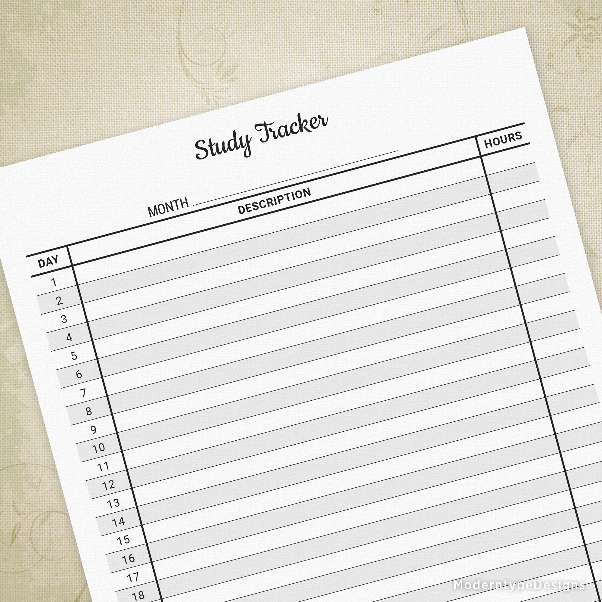 Study Tracker Printable