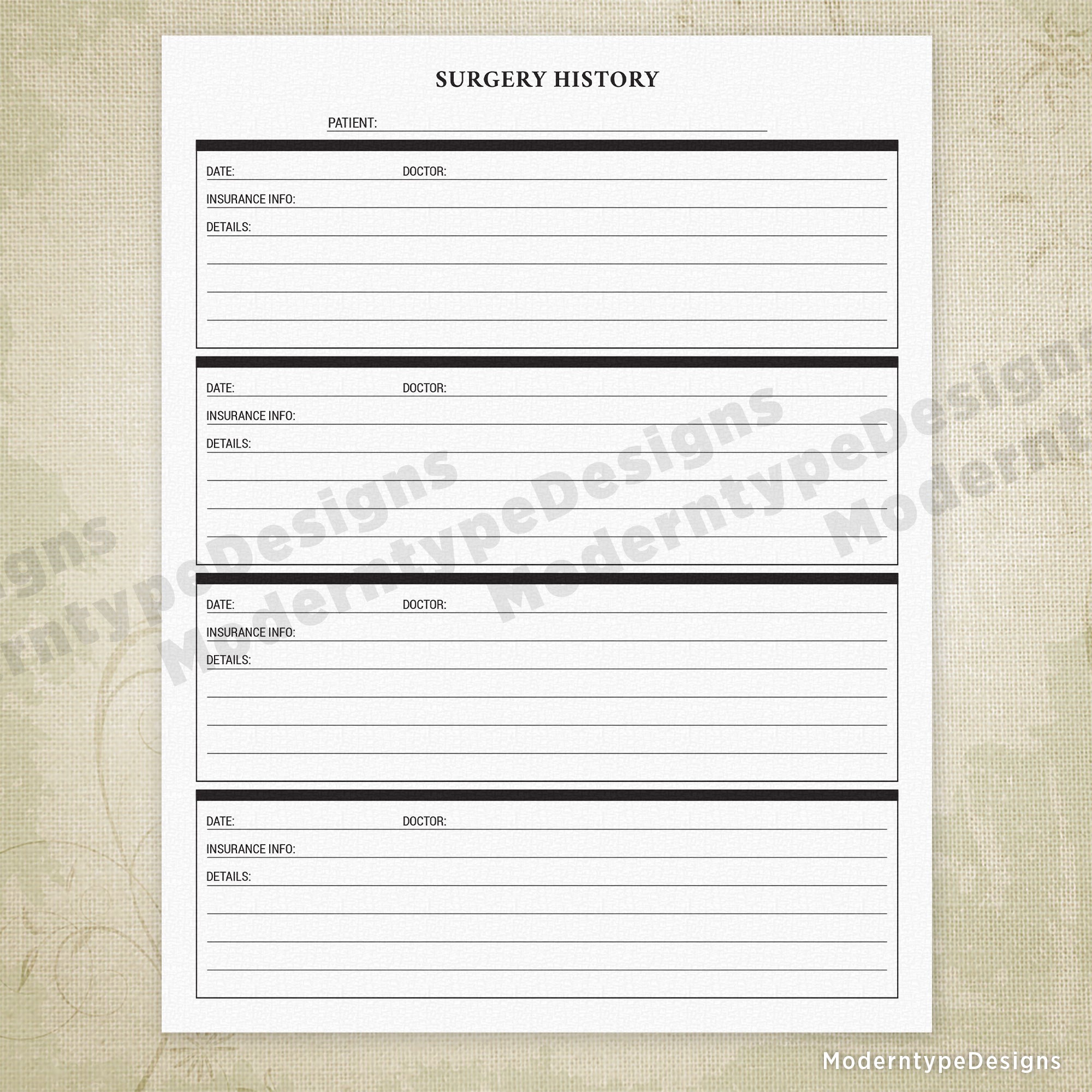 Surgery History Printable Form for Patients