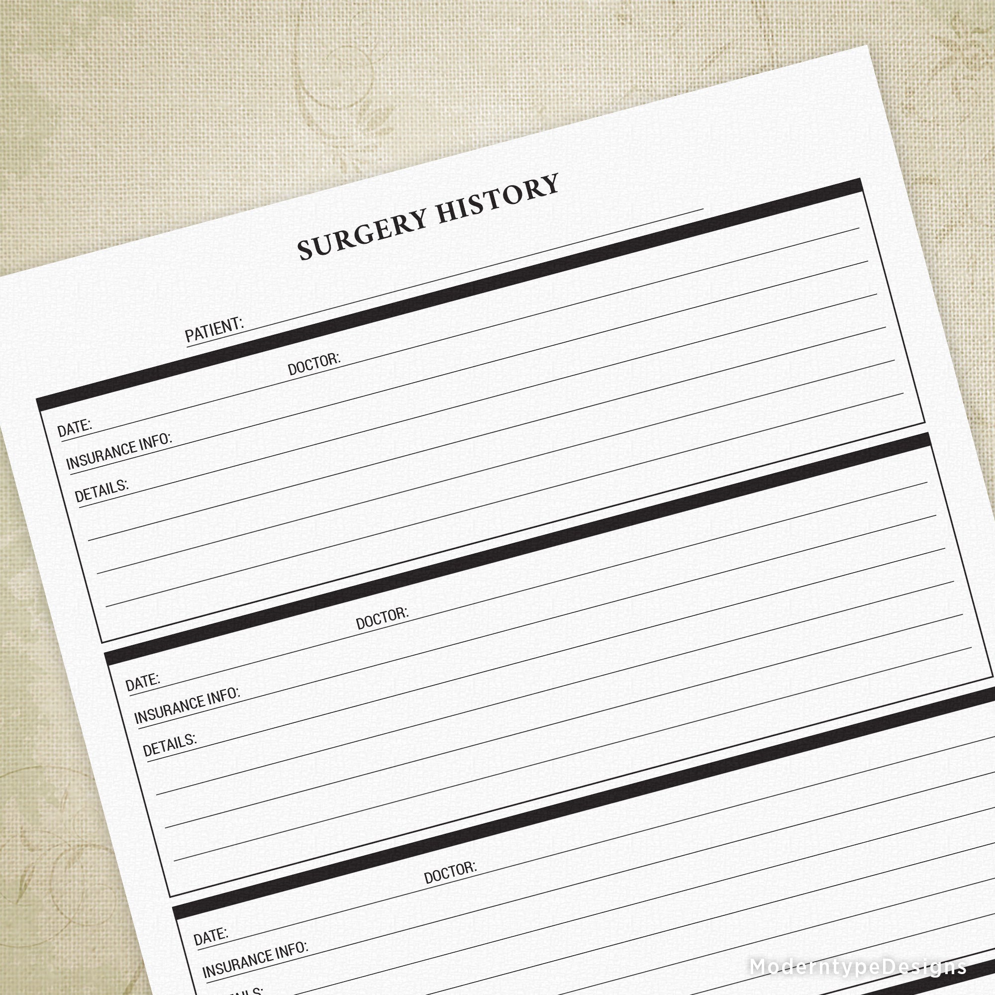 Surgery History Printable Form for Patients