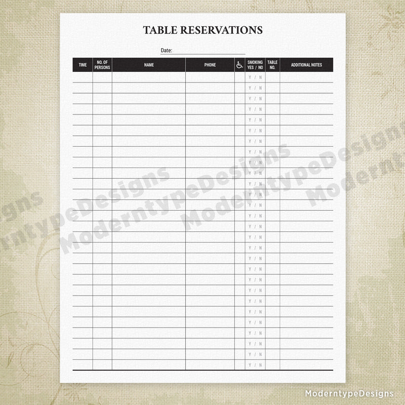 Table Reservations Printable