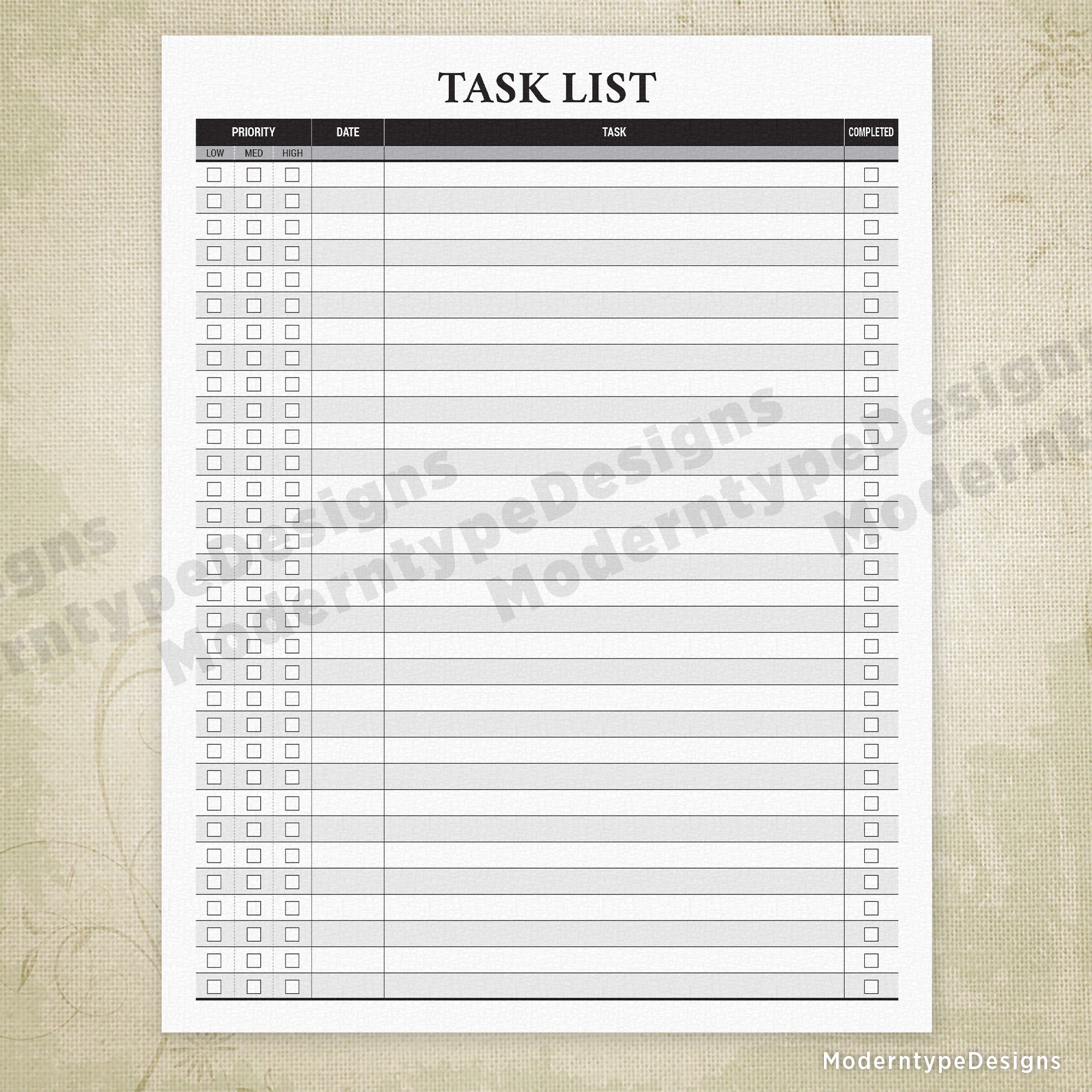 Task List Printable with Priority