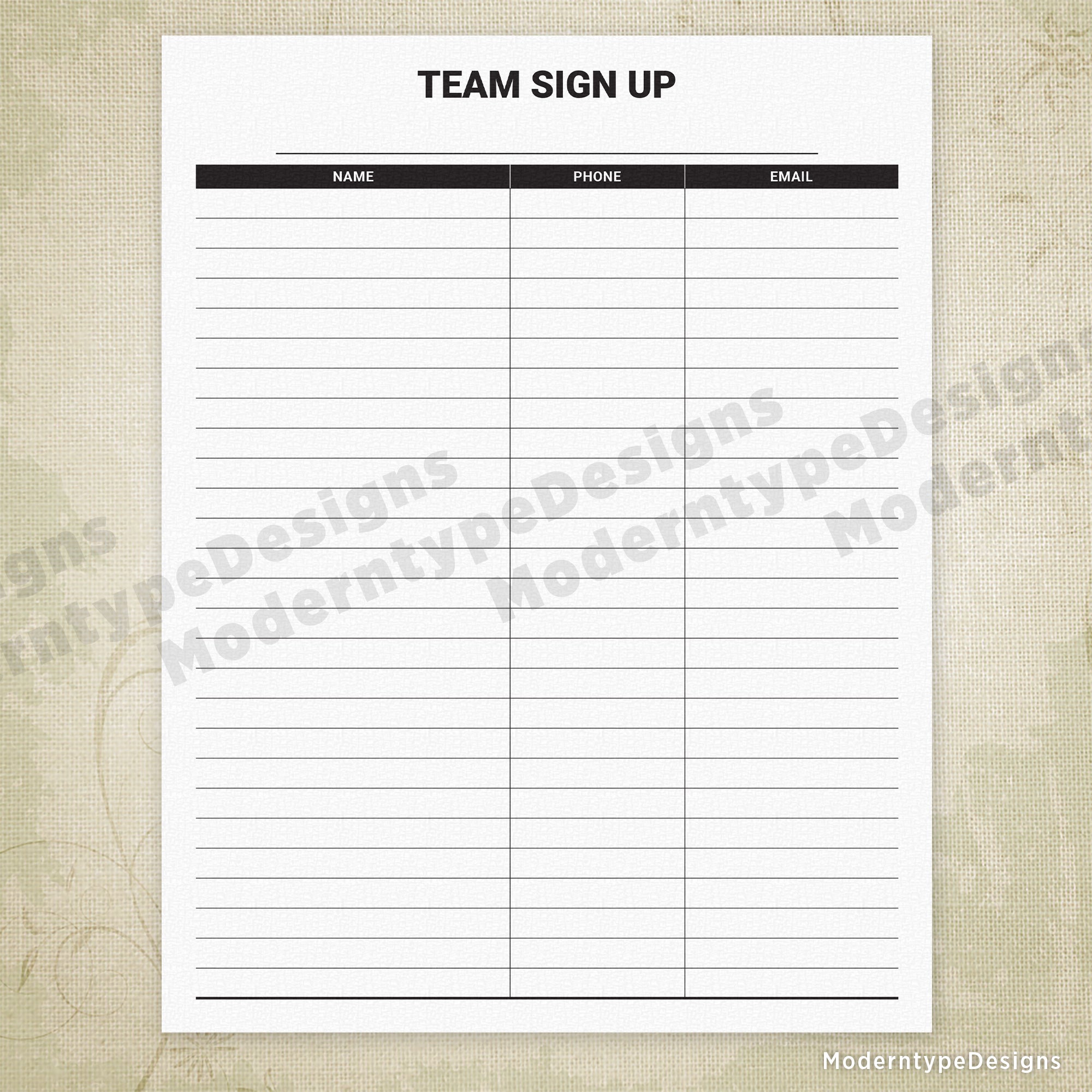 Team Sign Up Printable
