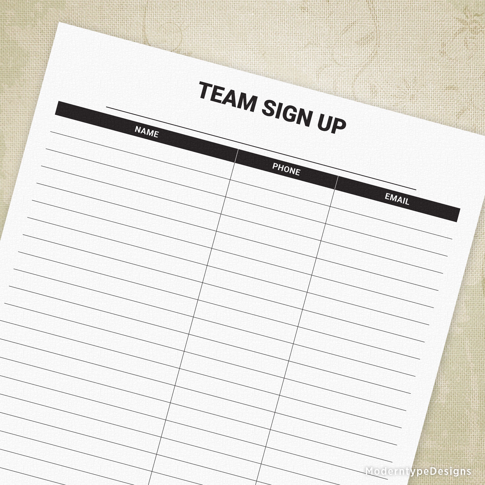 Team Sign Up Printable