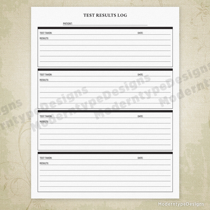 Test Results Log Printable Form