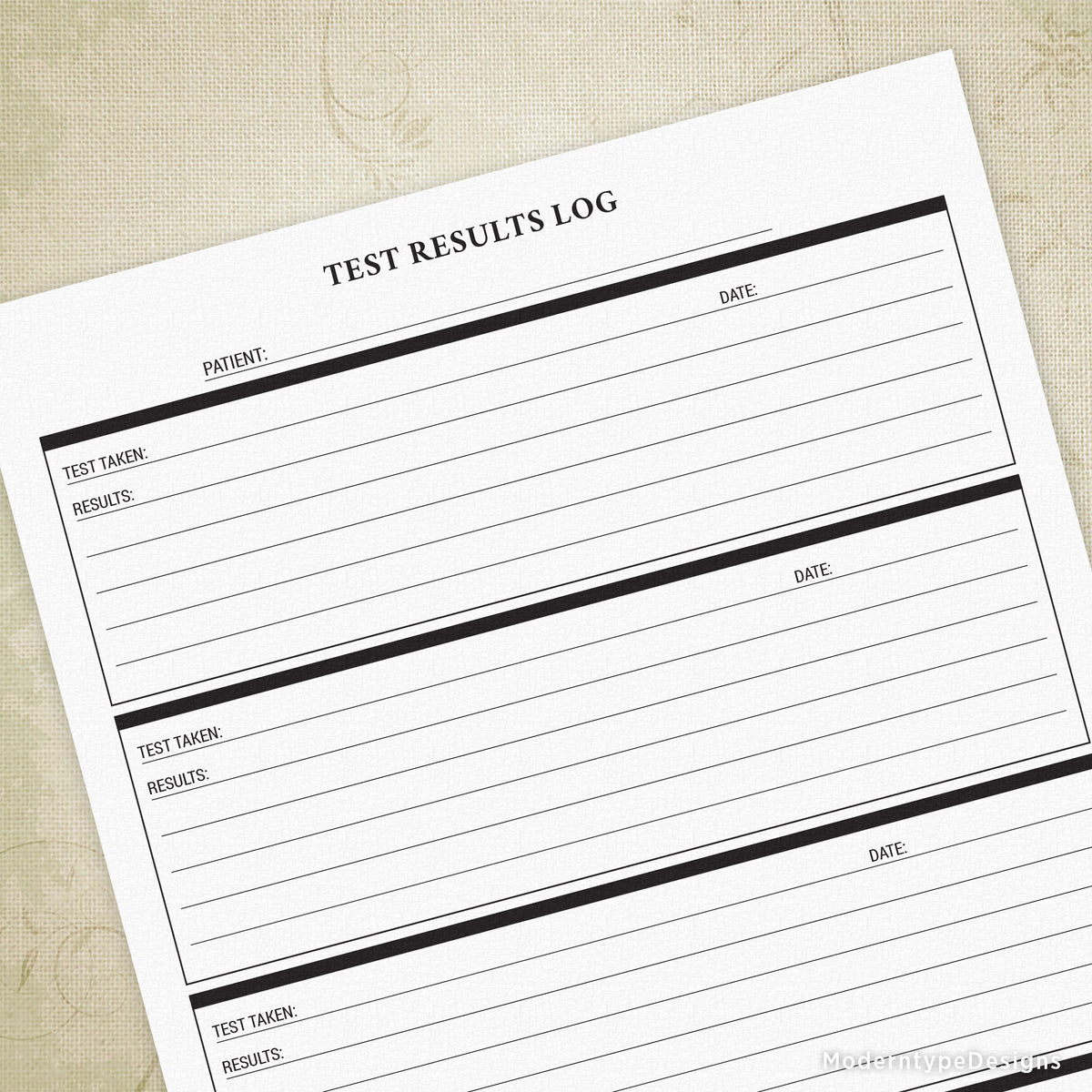 Test Results Log Printable Form