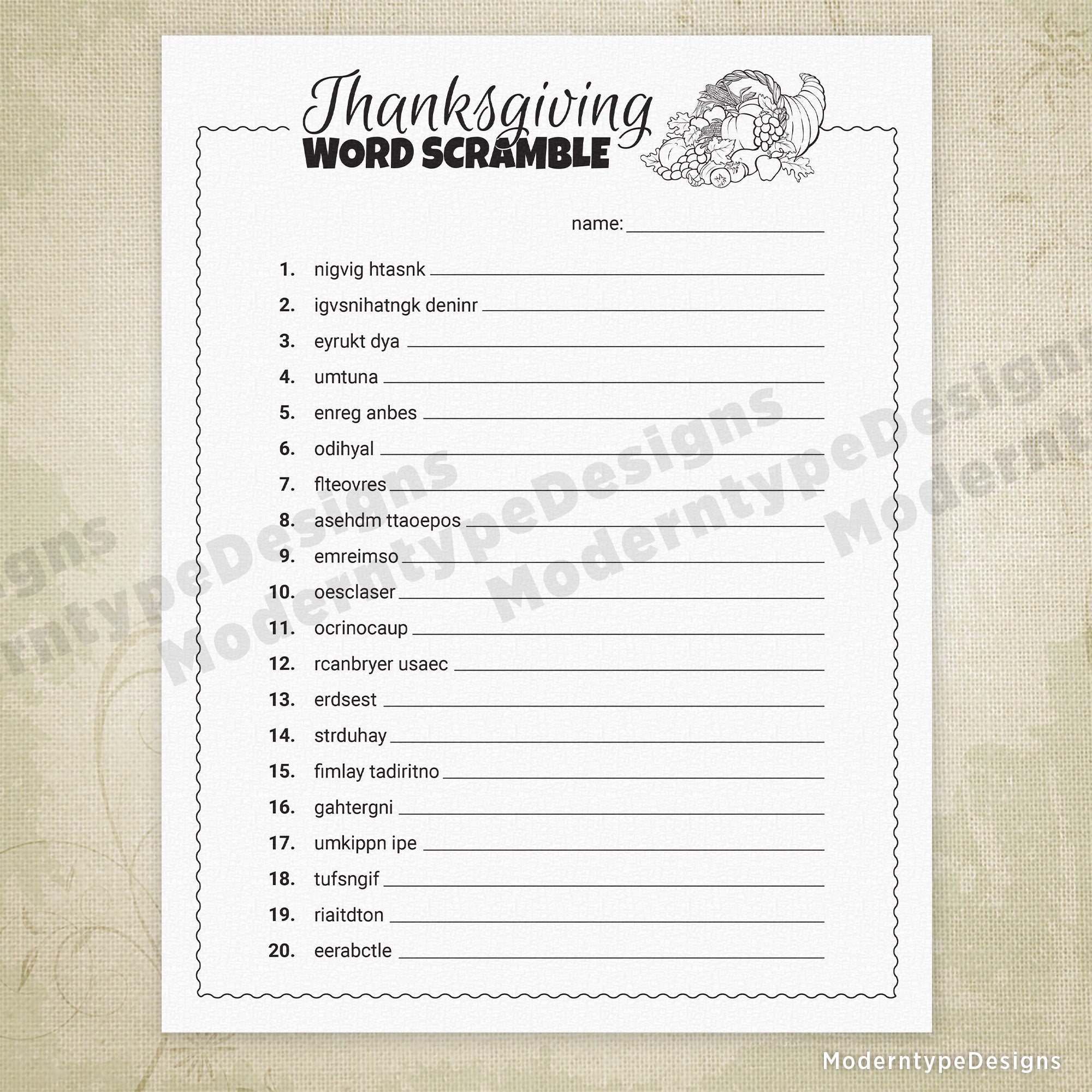 Thanksgiving Word Scramble Game Printable