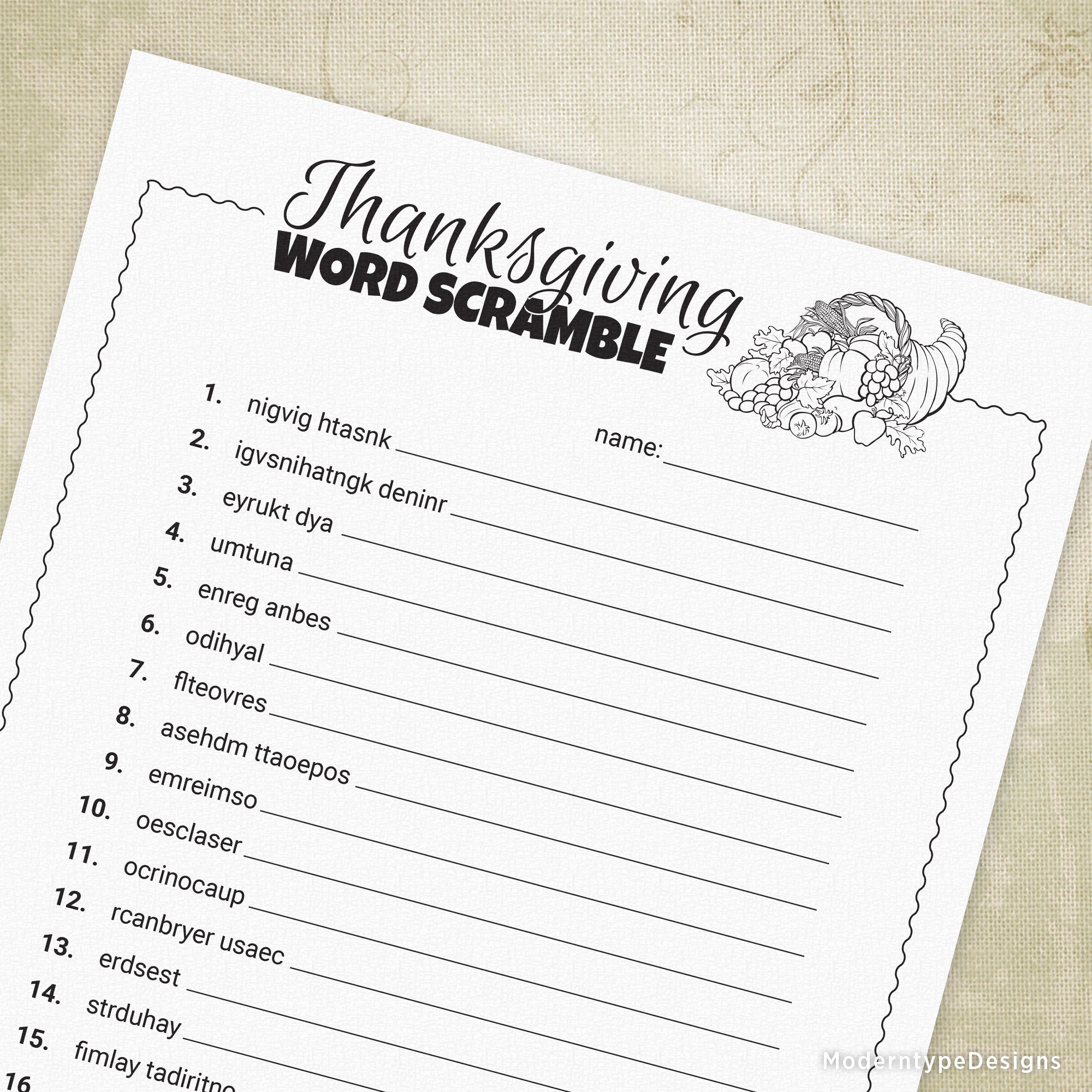 Thanksgiving Word Scramble Game Printable