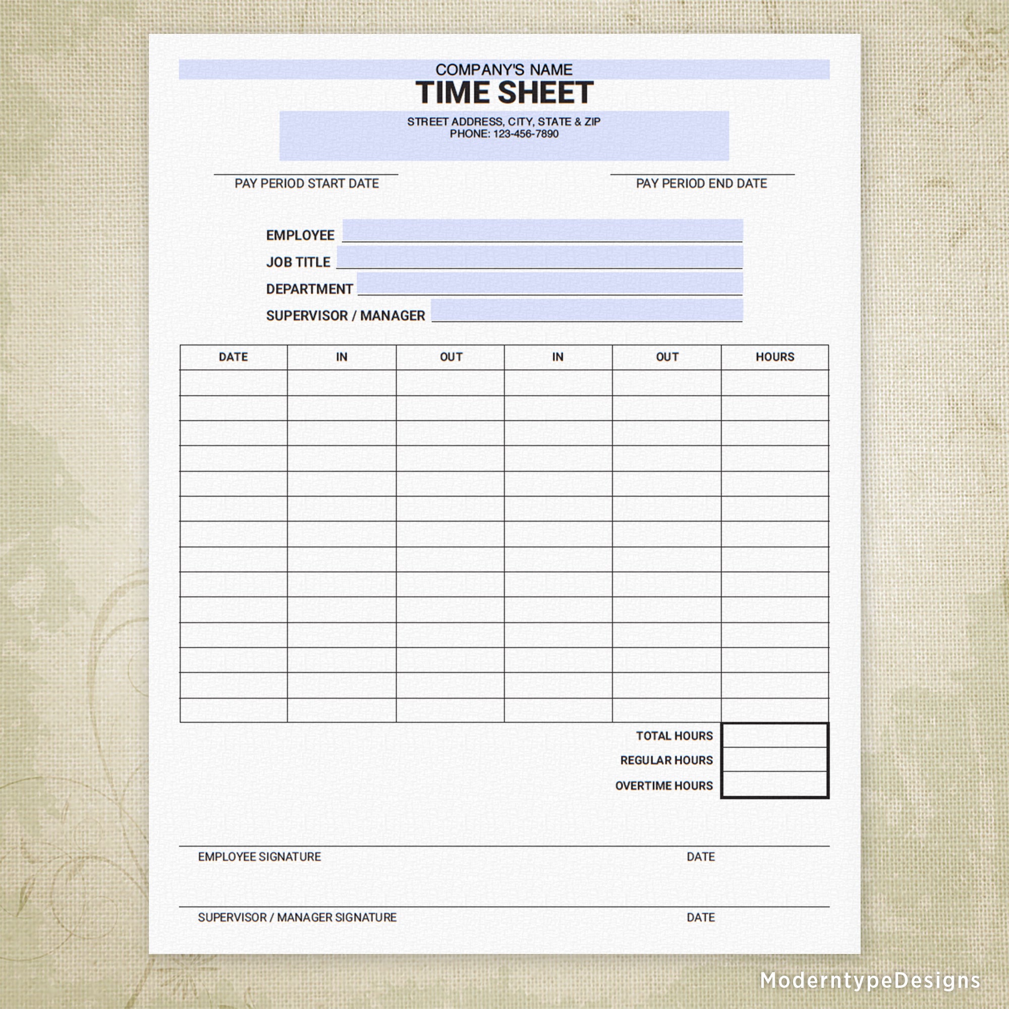 Employee Time Sheet Printable Form, Personalized