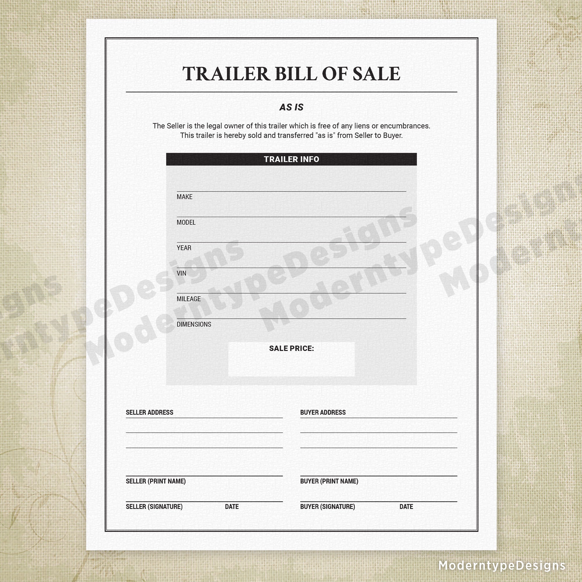 Trailer Bill of Sale Printable