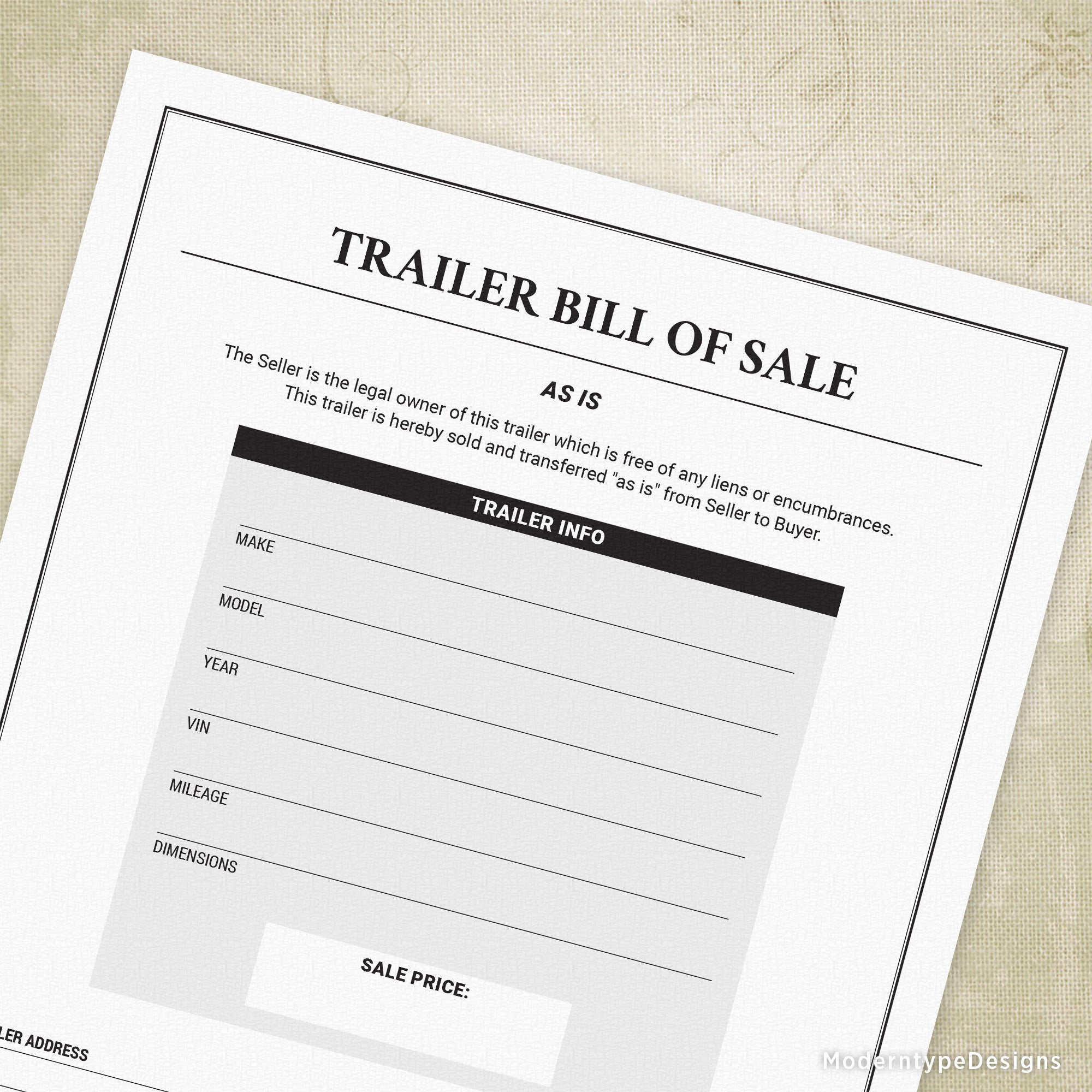 Trailer Bill of Sale Printable
