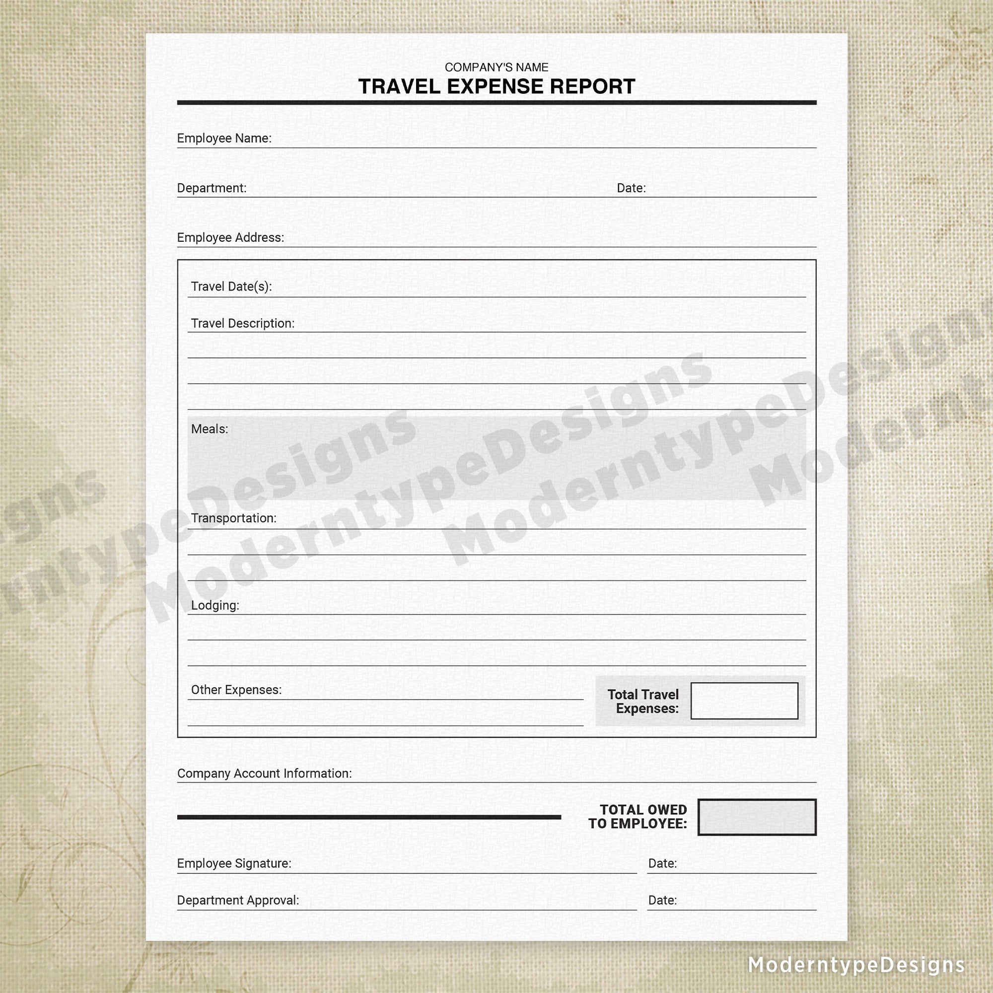 Travel Expense Report Printable Form, Personalized