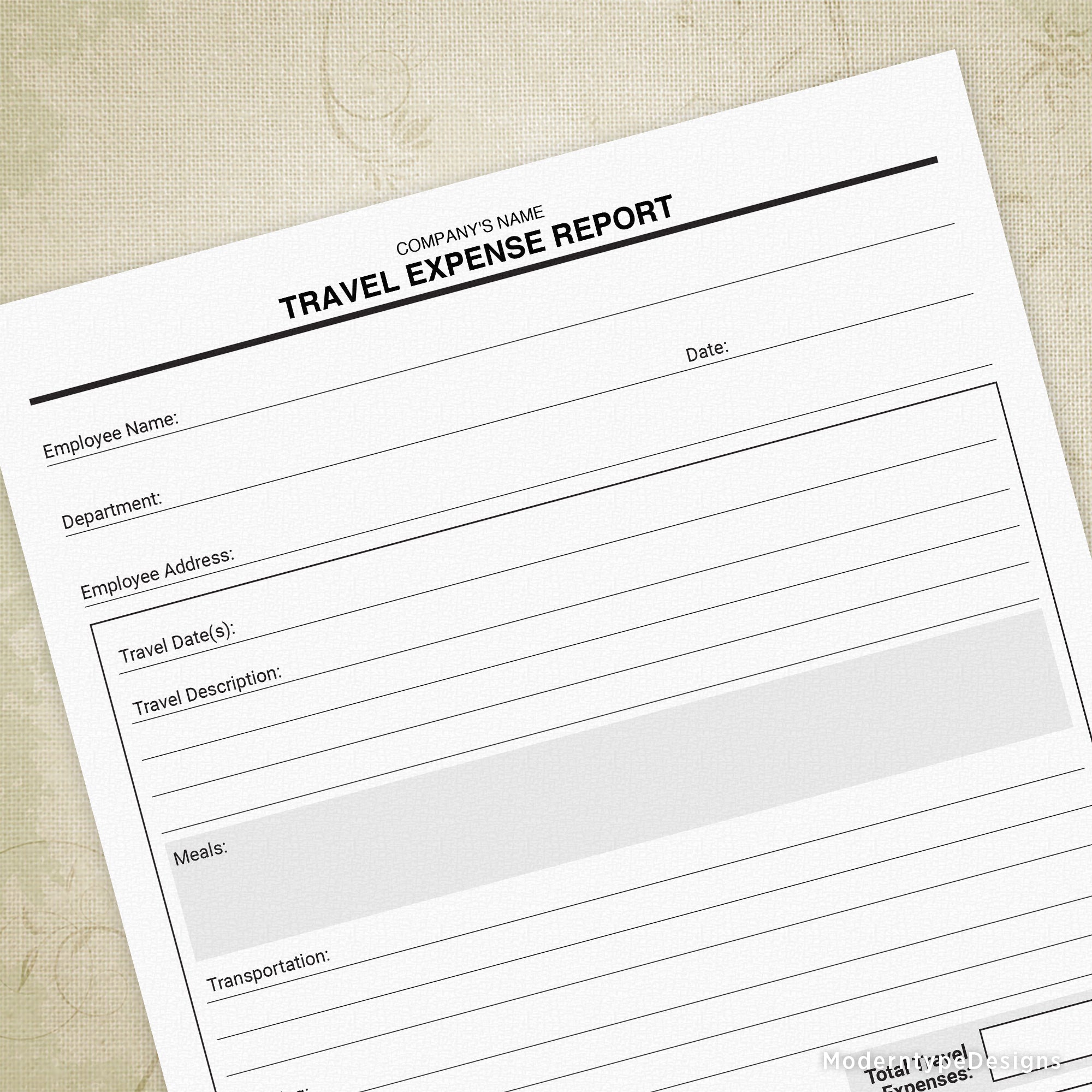 Travel Expense Report Printable Form, Personalized