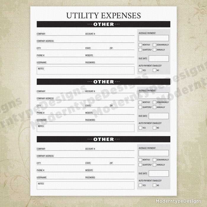 Utlility Expense Utility Expenses Printable - End of Life
