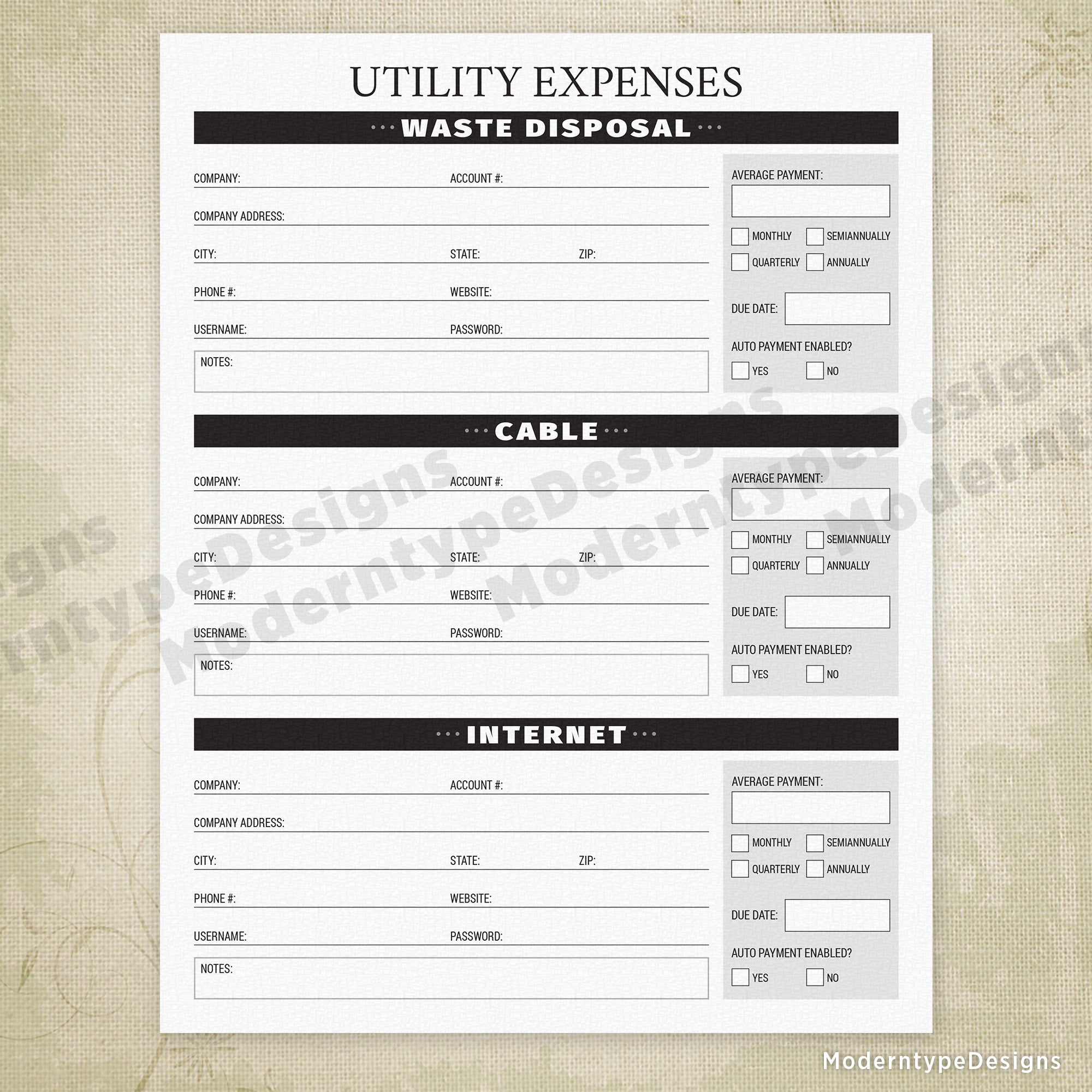 Utility Expenses Printable - End of Life