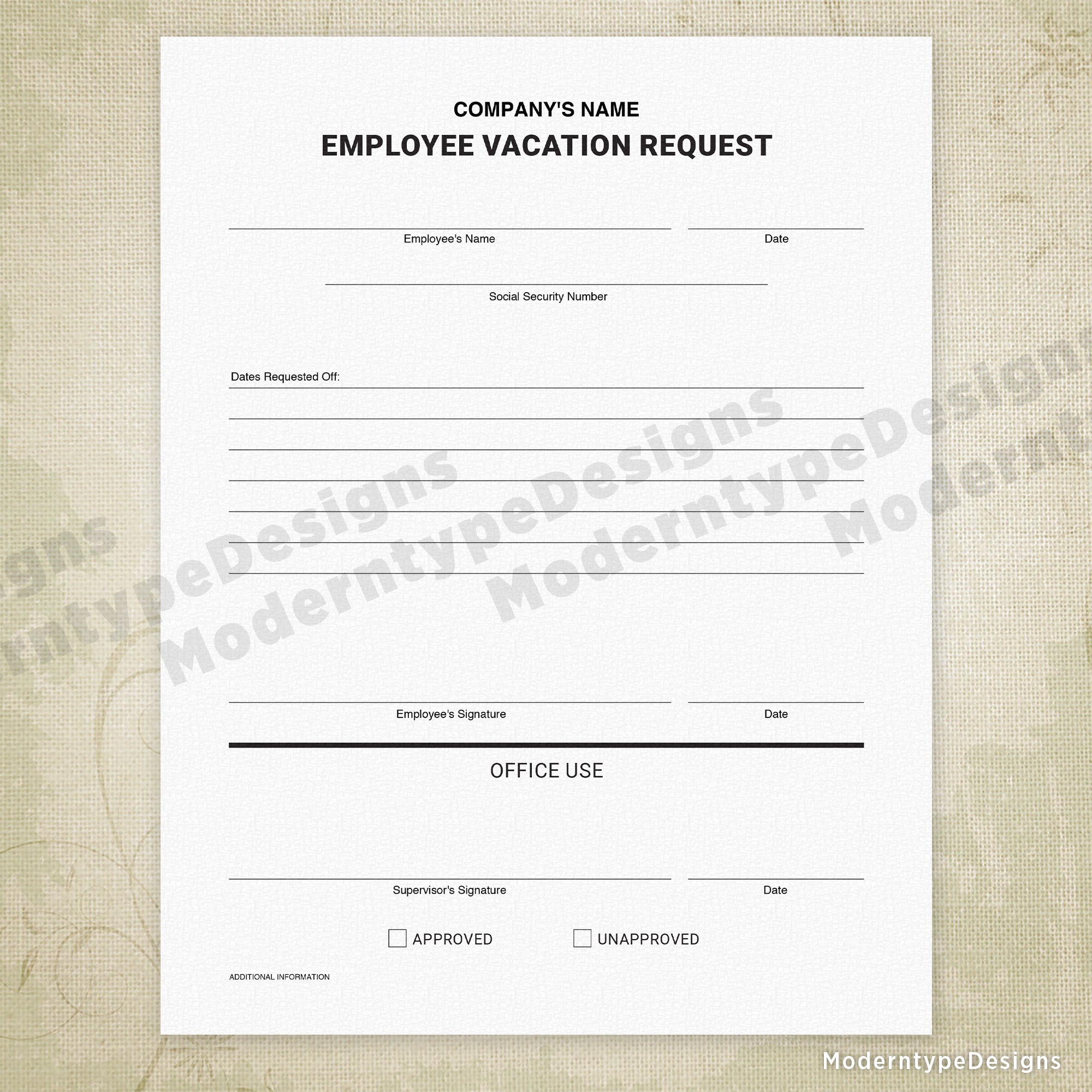 Employee Vacation Request Printable Form, Personalized