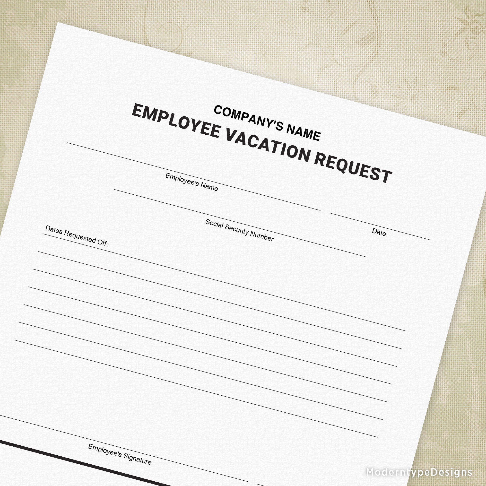 Employee Vacation Request Printable Form, Personalized