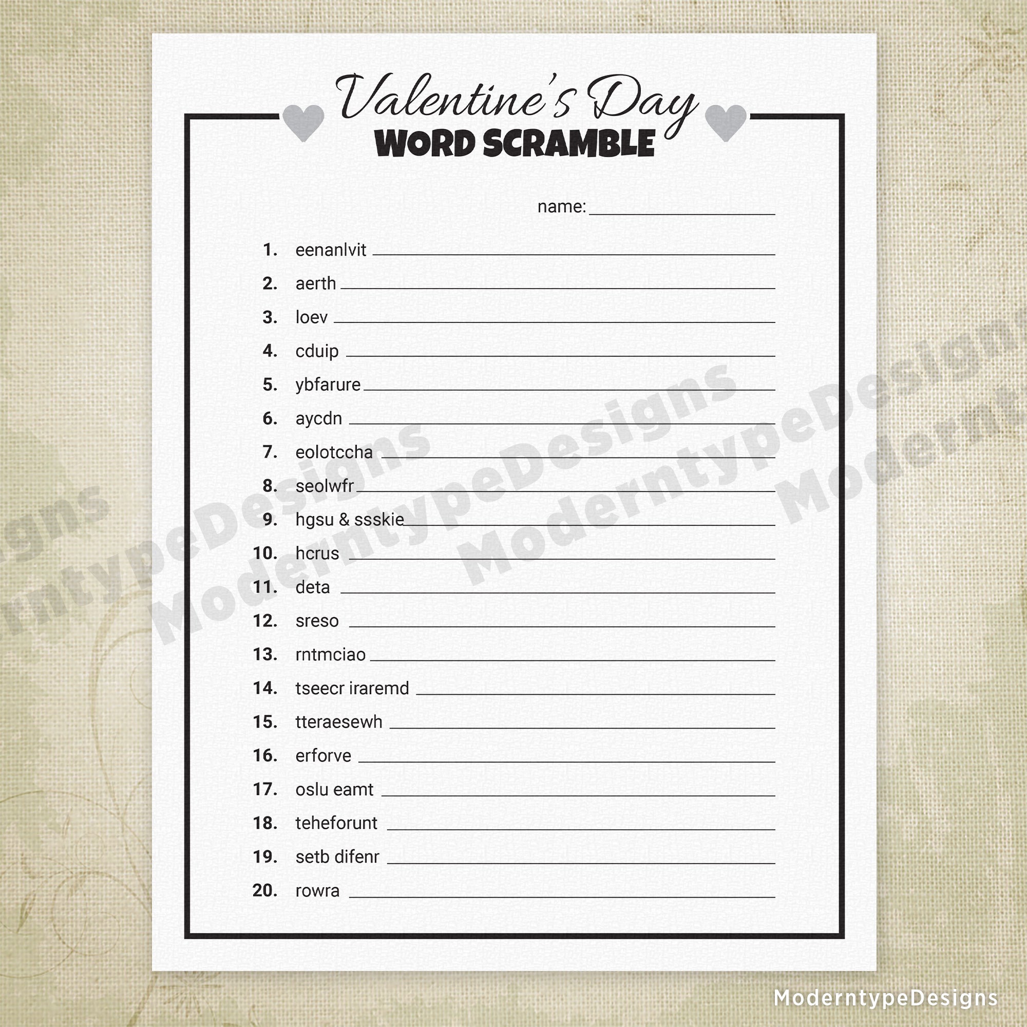 Valentine's Day Word Scramble Game Printable