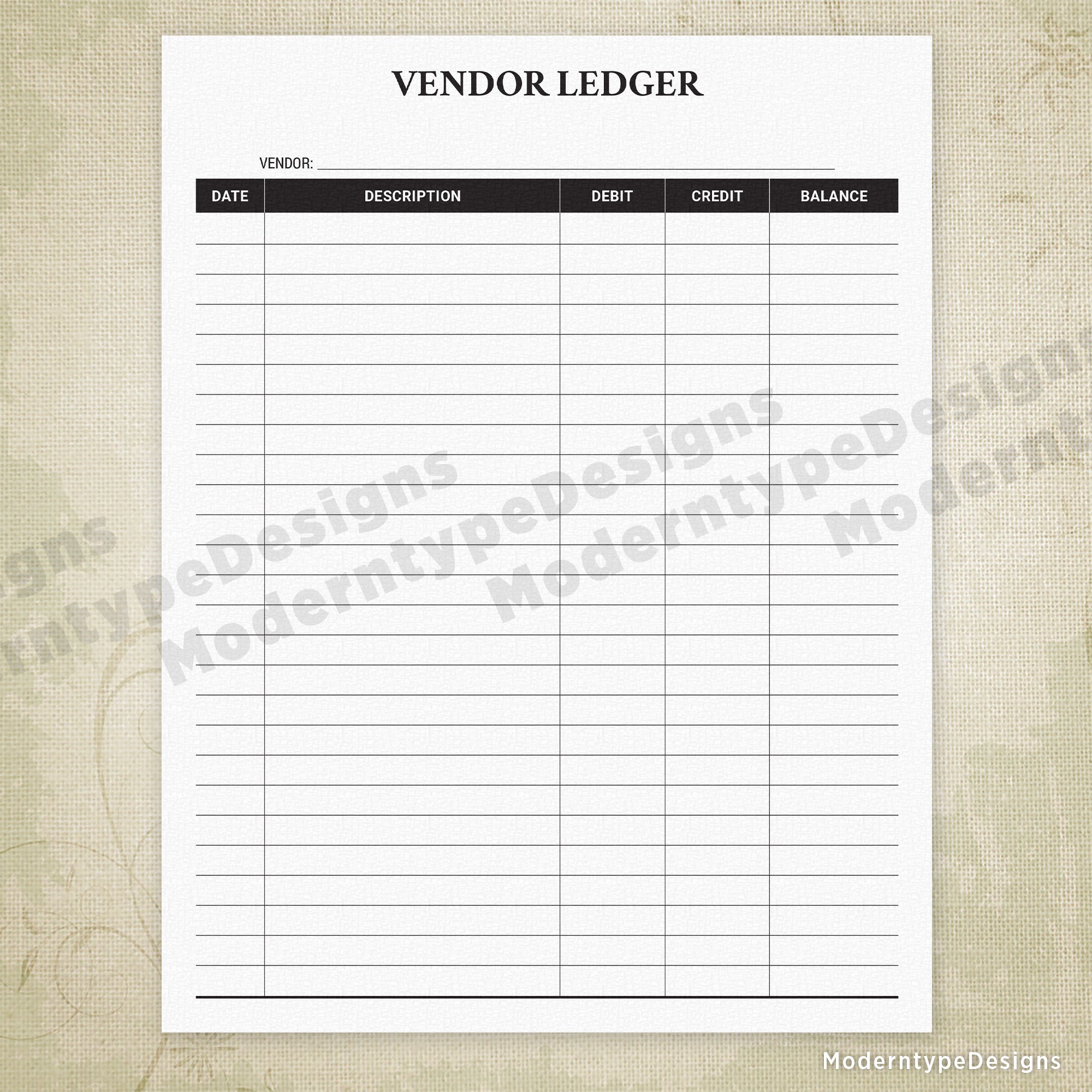 Single Vendor Ledger Printable