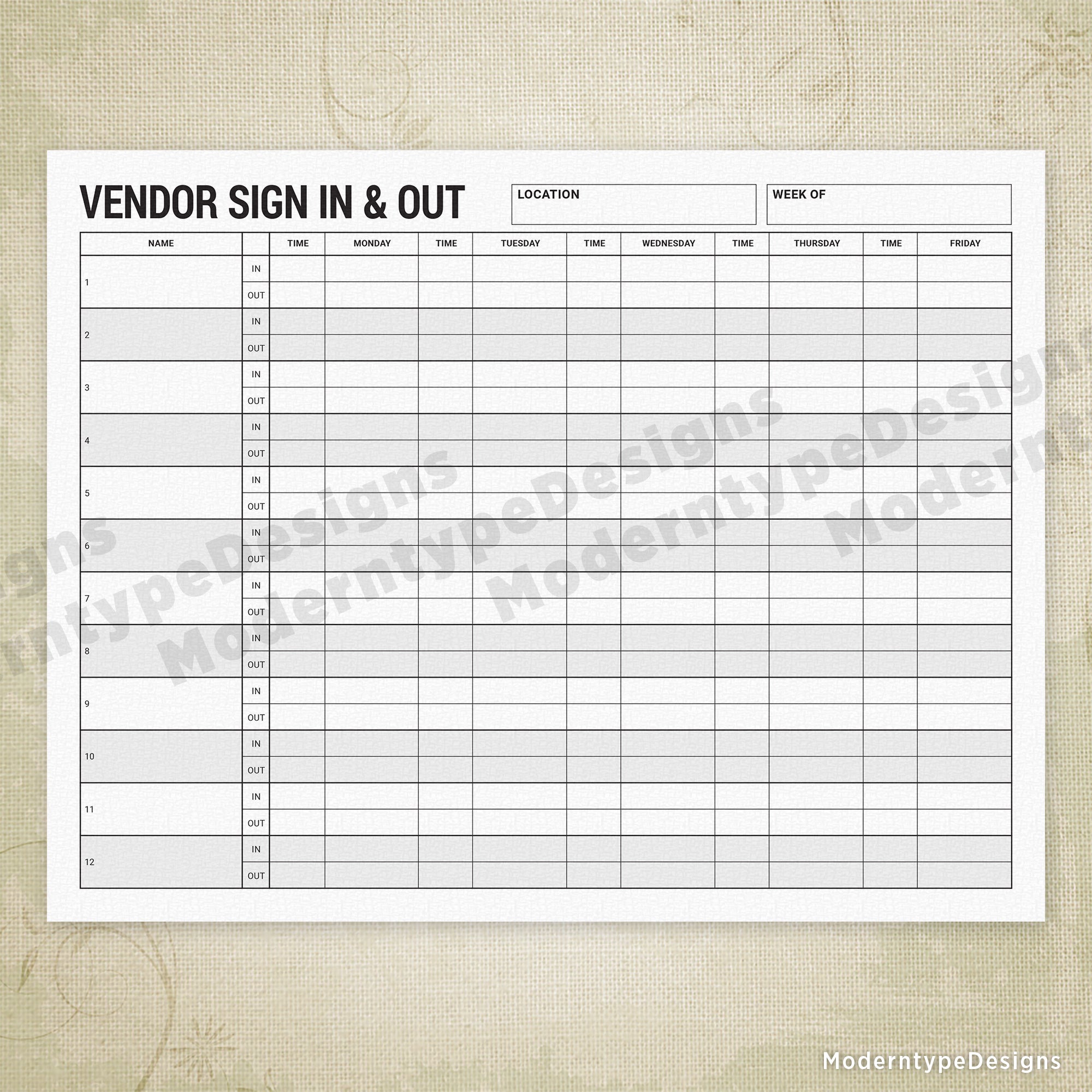 Vendor Sign In & Out Printable