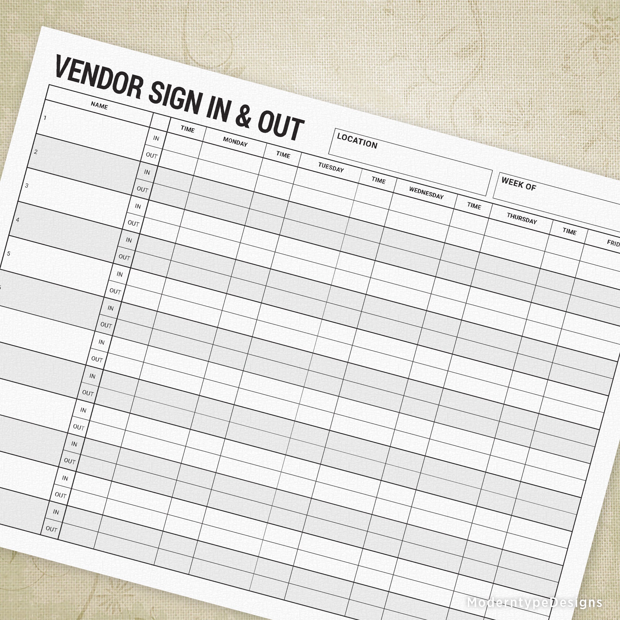 Vendor Sign In & Out Printable