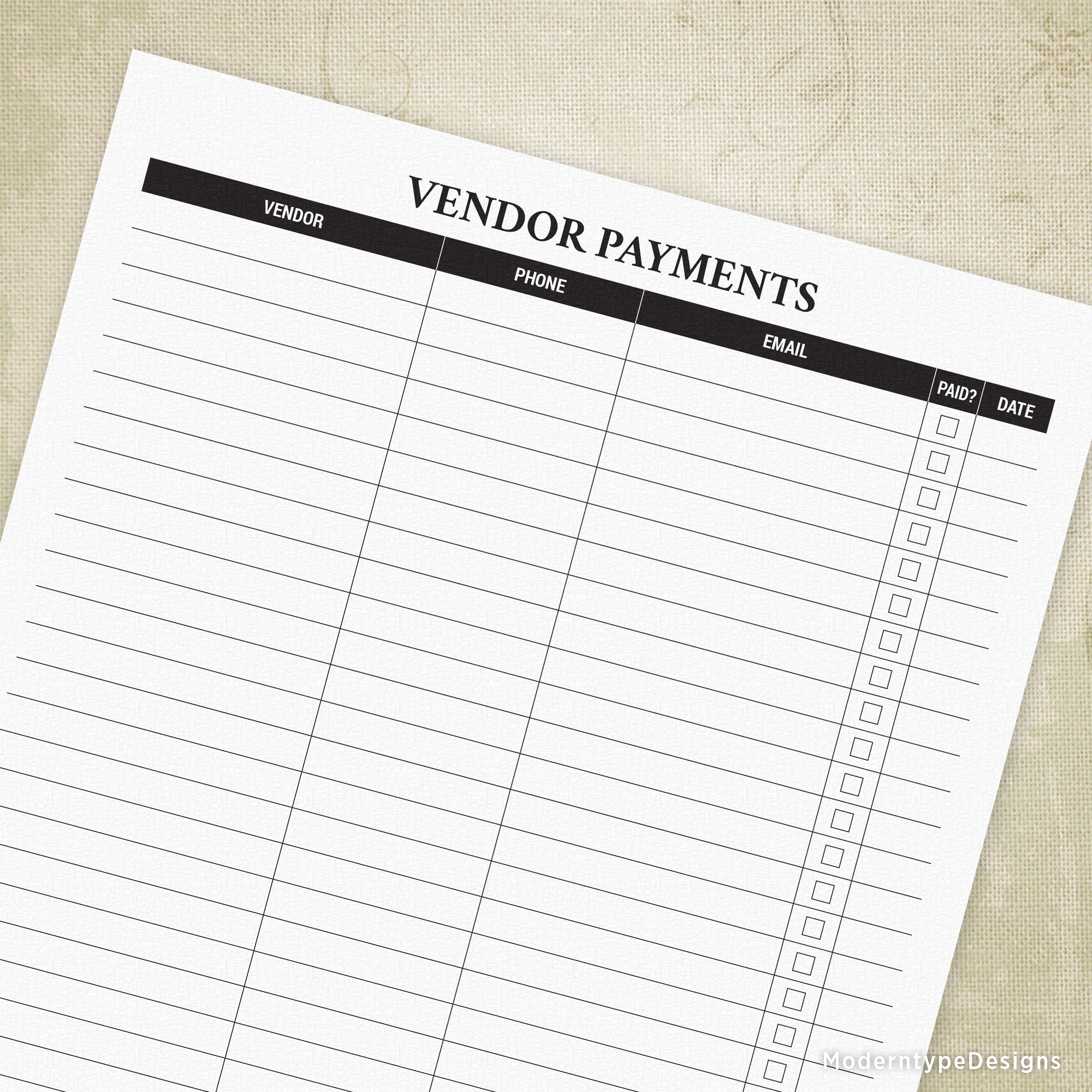 Vendor Payment Tracker Printable
